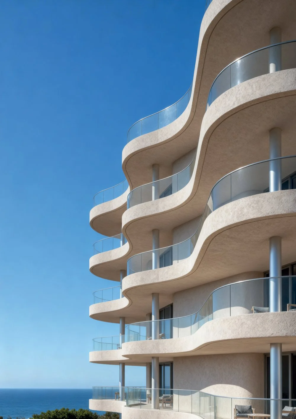 Edifício com design moderno e curvas na fachada, com varandas de vidro e vista para o mar ao fundo.