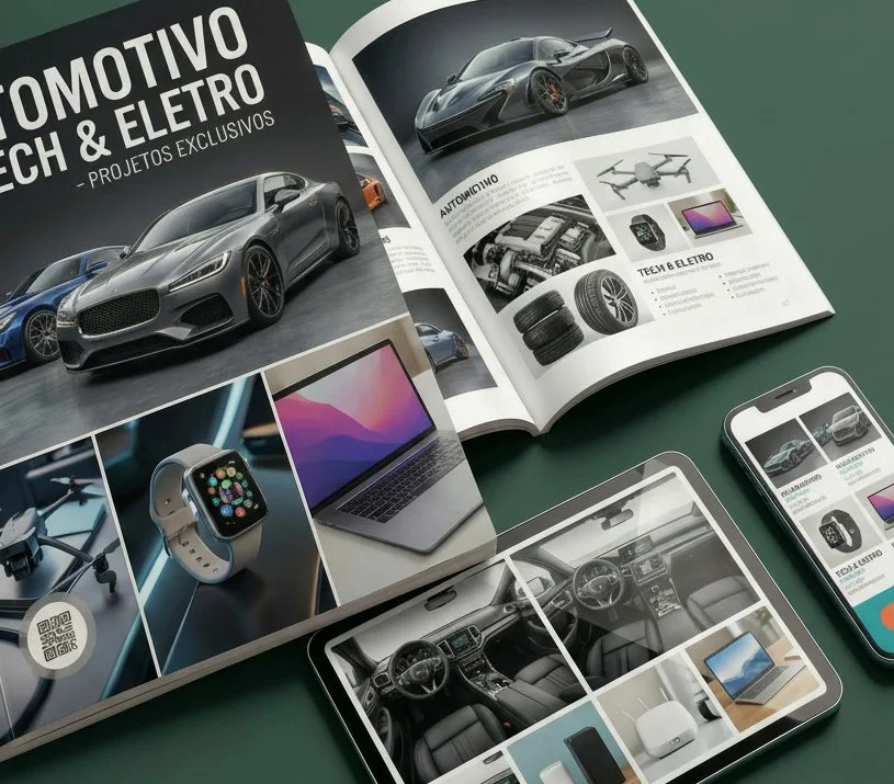 Revista de tecnologia mostrando carros, gadgets, e dispositivos eletrônicos, incluindo smartwatch, laptop, drone, câmera, smartphone, e elementos de automóveis.