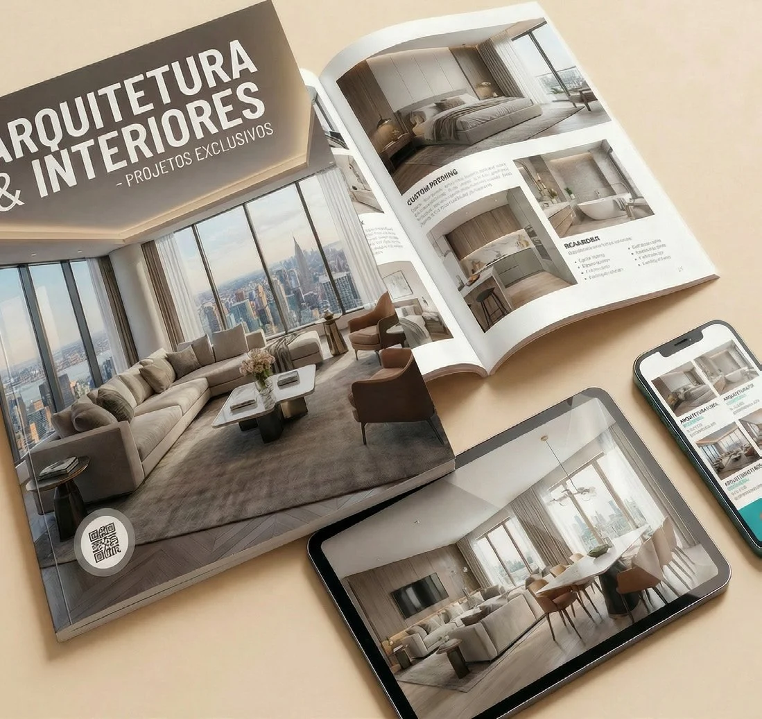 Catálogo de arquitetura e interiores aberto mostrando sala de estar com janela gigante e vista urbana, páginas com projetos de interiores, com um café, uma cama e uma cozinha compacta, dispositivos móveis exibindo o mesmo conteúdo