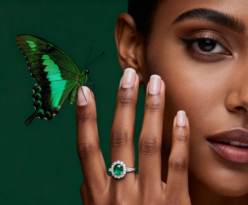 Mulher com pele morena apoiando seu rosto na mão, usando anel com pedra verde e uma borboleta de asas verdes pousada no dedo.