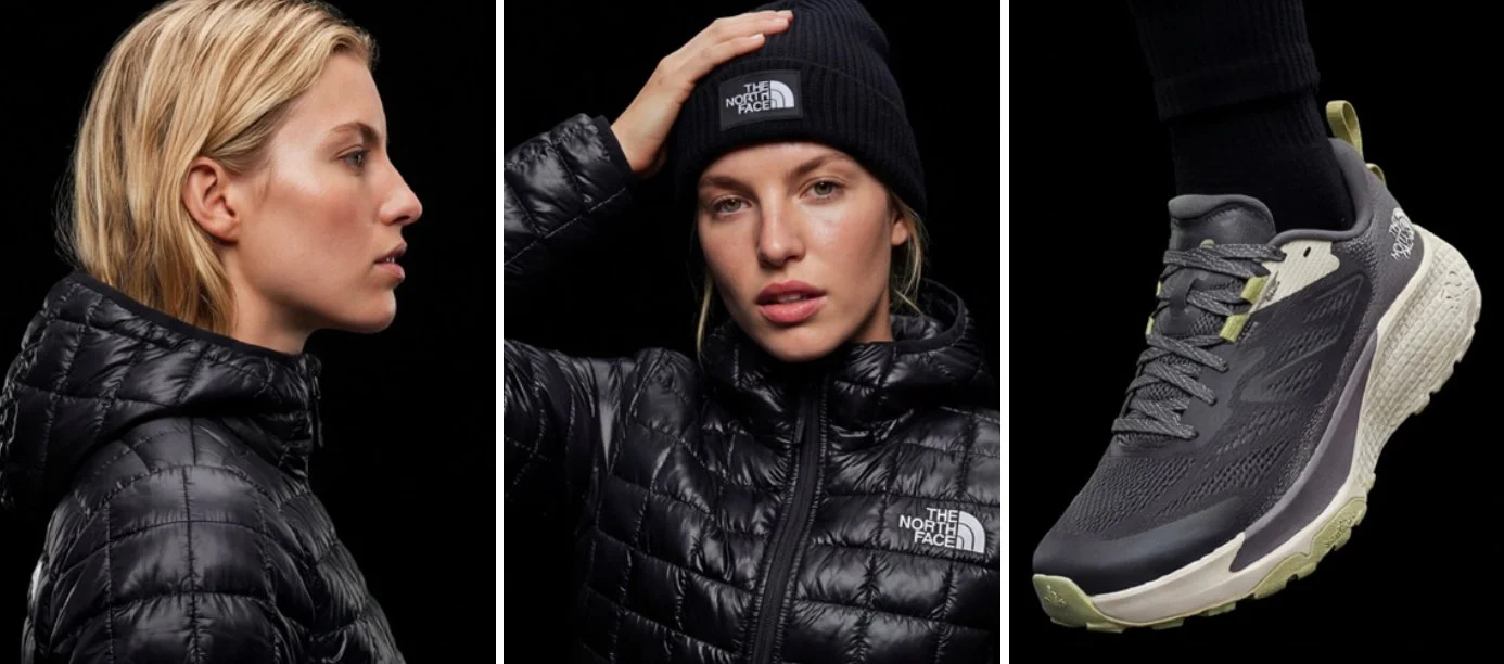 Imagem de uma mulher com cabelo loiro usando jaqueta preta puff da marca The North Face, em três ângulos: perfil, frente com a mão na cabeça, e um close de um tênis da mesma marca.