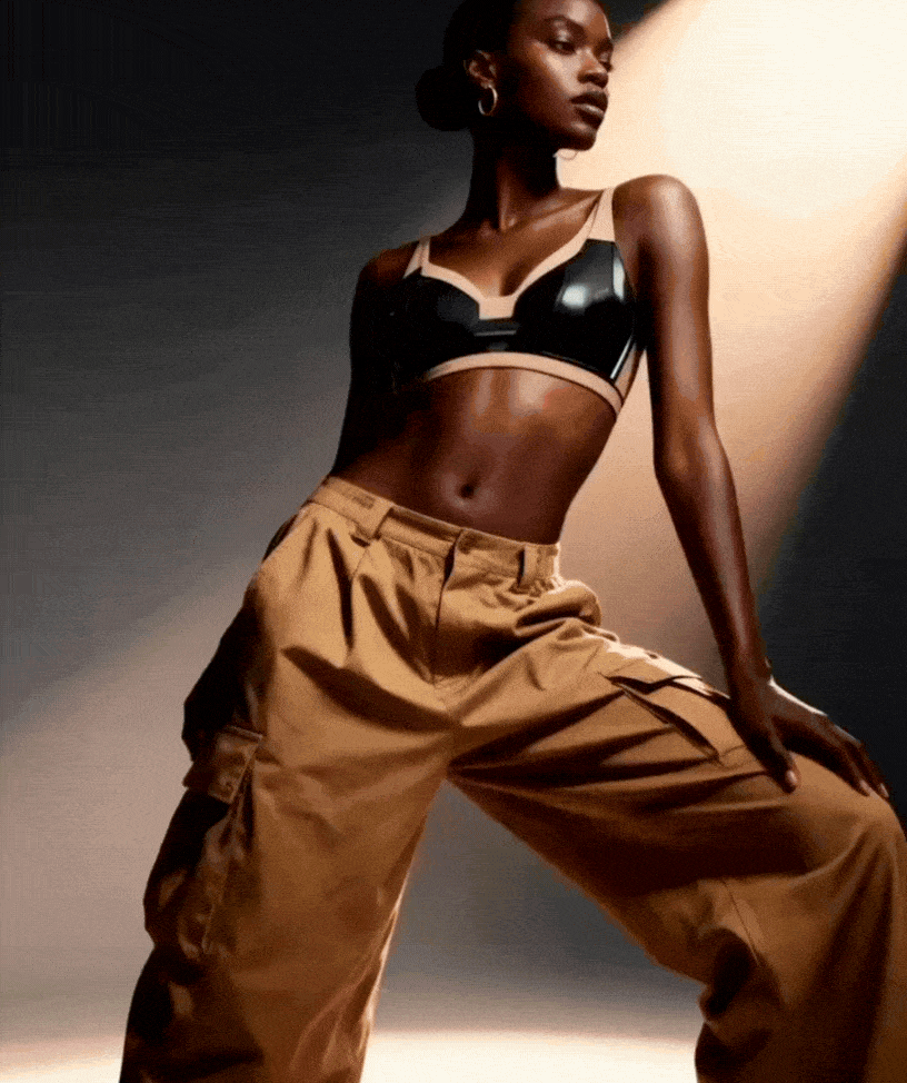 Mulher negra vestida com top preto e bege, calças largas de cargo, posando de perfil contra fundo escuro