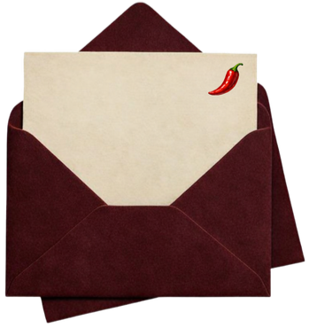 An open burgundy envelope containing a blank cream-colored card with a red chili pepper sticker in the top right corner.