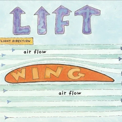 Diagram demonstrating wind flow with arrows indicating air movement around an orange wing shape, with large purple letters spelling 'LEFT' at the top.