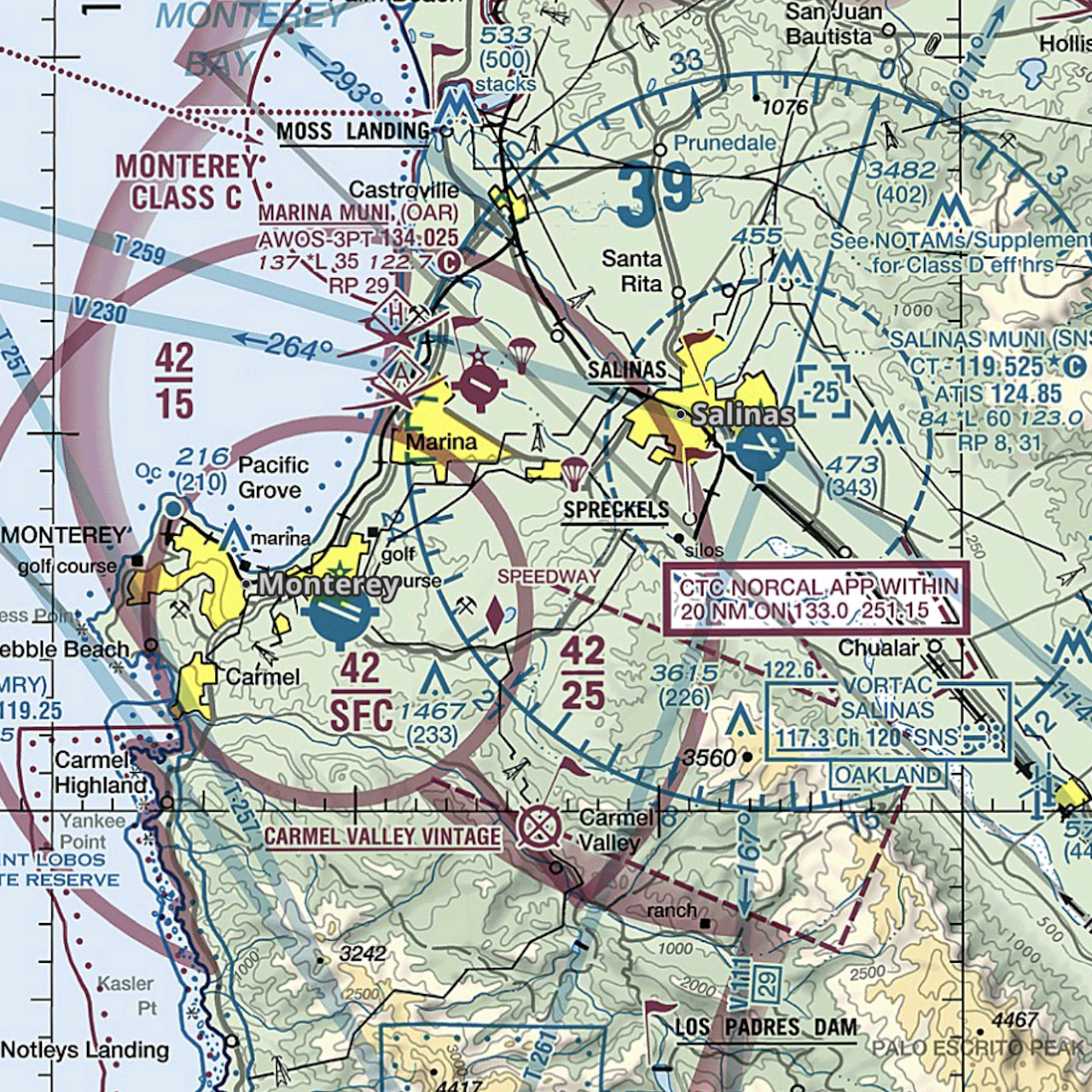 Section of an aviation sectional chart showing San Juan Bautista, Salinas, and surrounding areas in California with navigation aids, airspace boundaries, and landmarks.