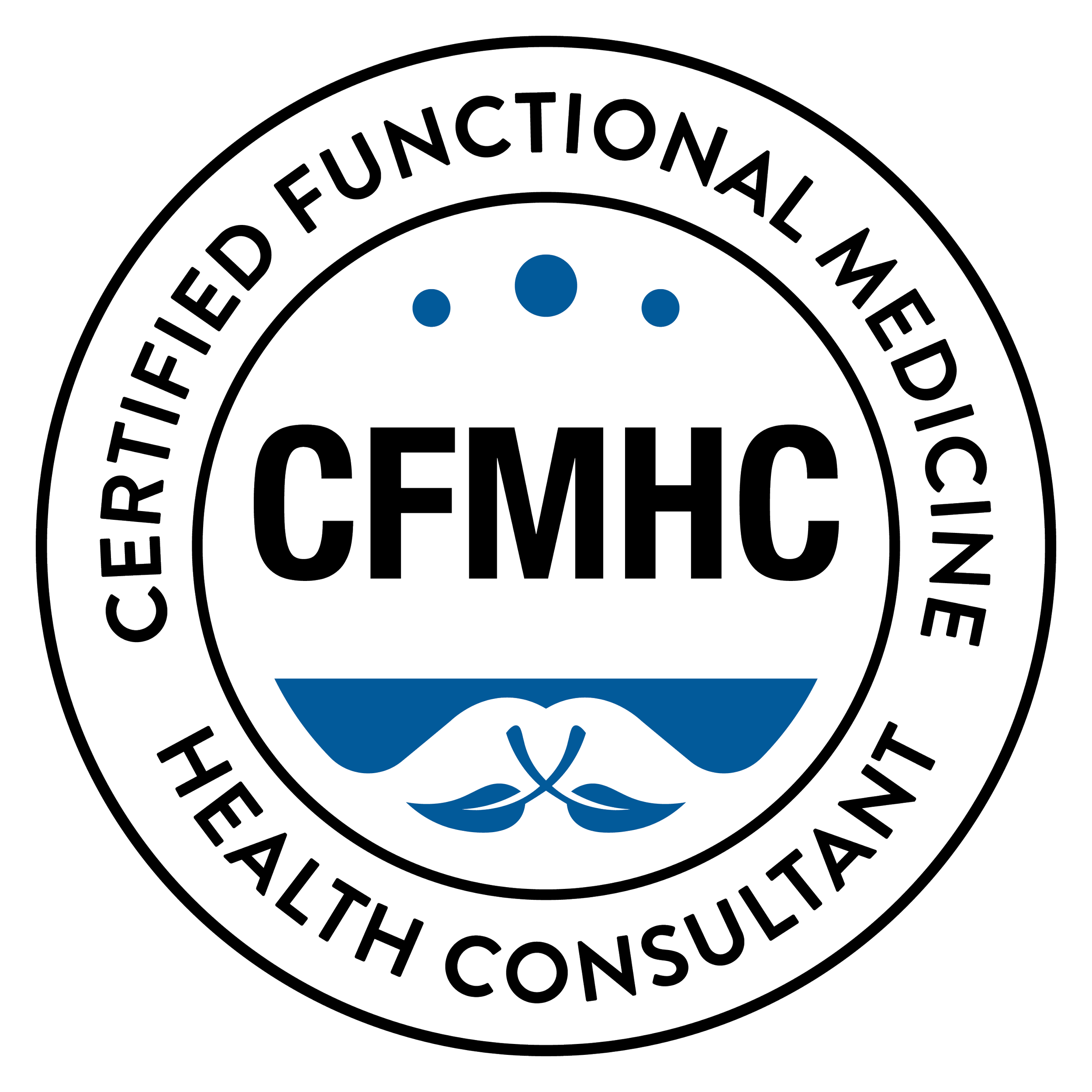 A circular logo with the text 'Certification CFMHC' at the center and 'Certified Functional Medicine Health Consultant' around the outer edge. The design features a stylized mustache and glasses above the central text and three blue dots above the logo.