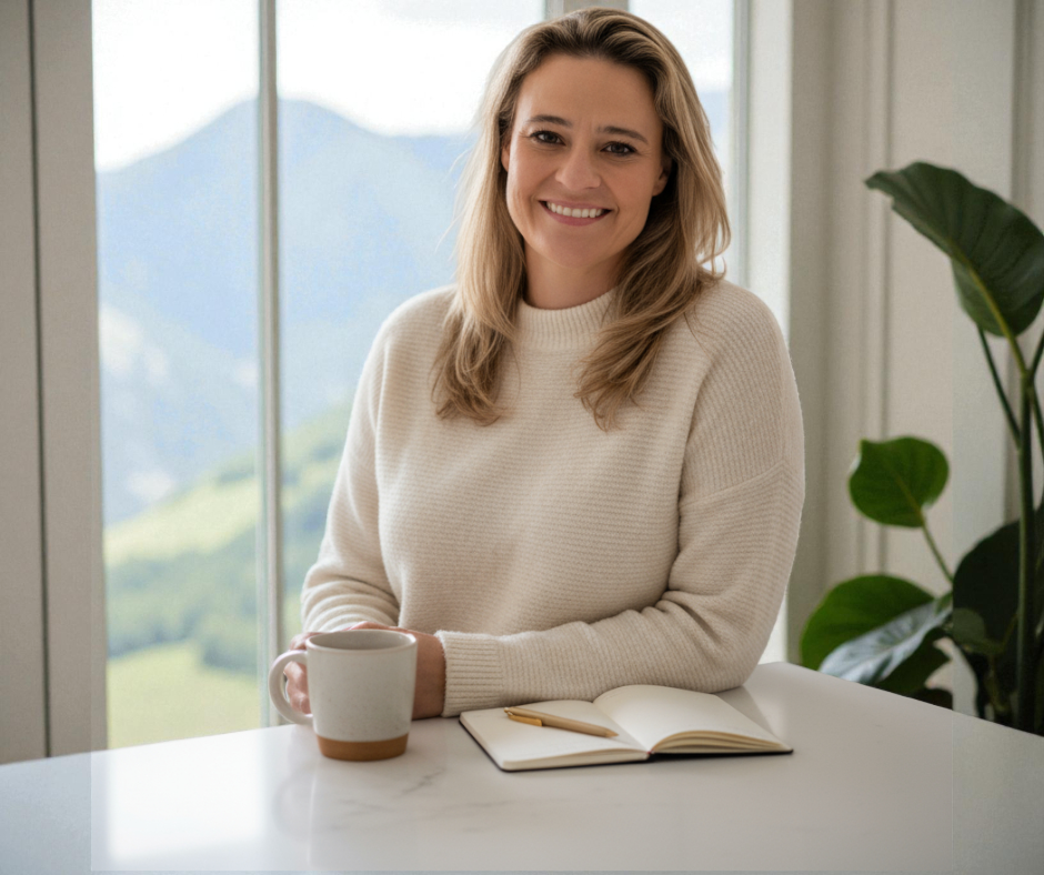 Karolina Buchling, registered nutritionist and eating psychology coach, sitting at a white table, holding a mug, smiling, with an open notebook and pen, next to a large window showing mountains and greenery outside.