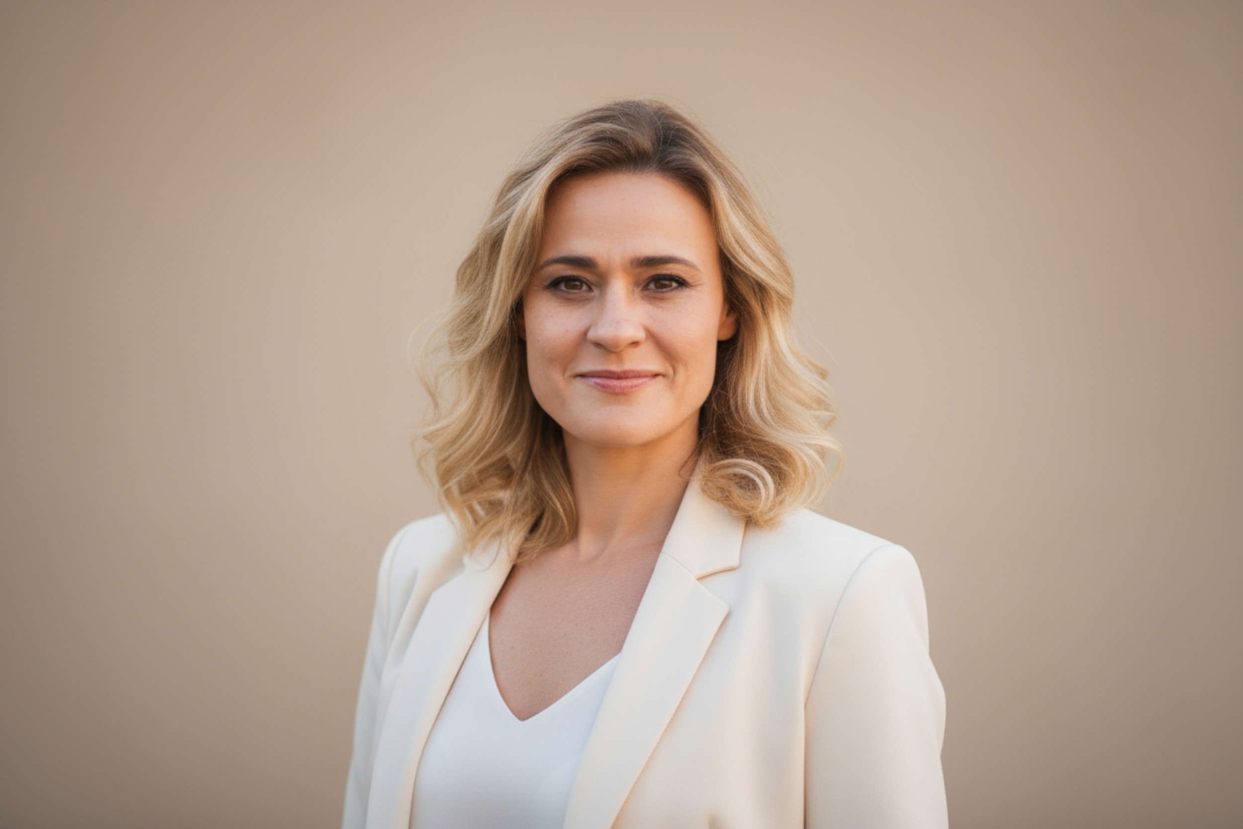 Karolina Buchling, nutritionist and eating psychology coach, standing against a plain light-colored background.
