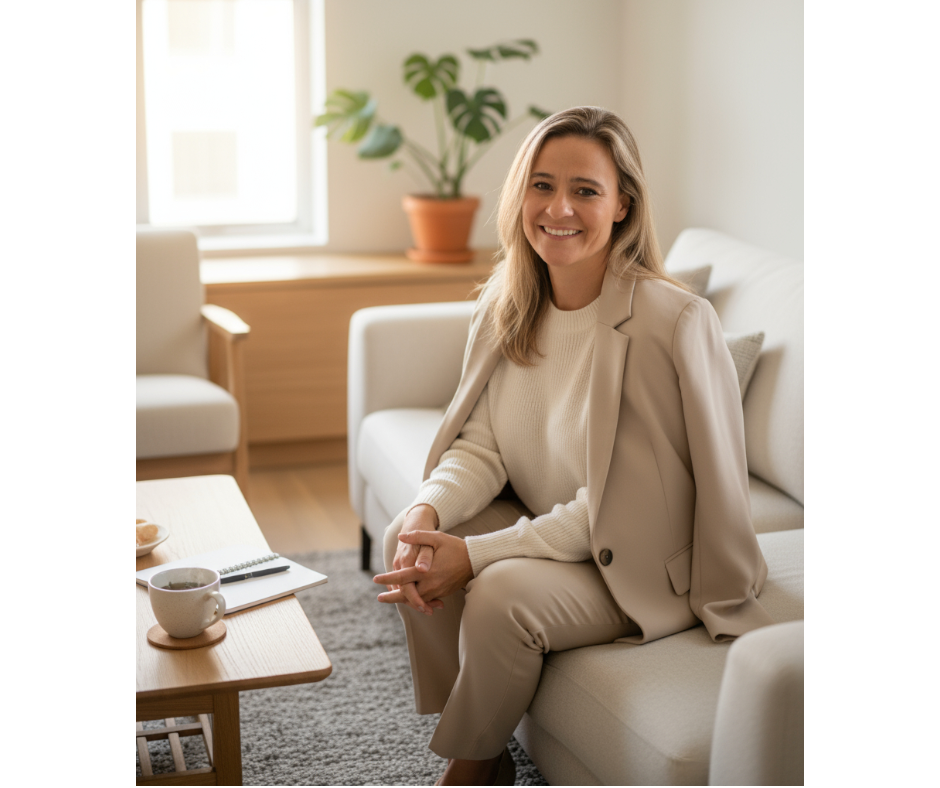 Karolina Buchling, nutritionist and eating psychology coach, sitting on a light-colored sofa in a bright living room with a potted plant on the windowsill, a coffee table with a mug and notebook, and a cozy atmosphere.