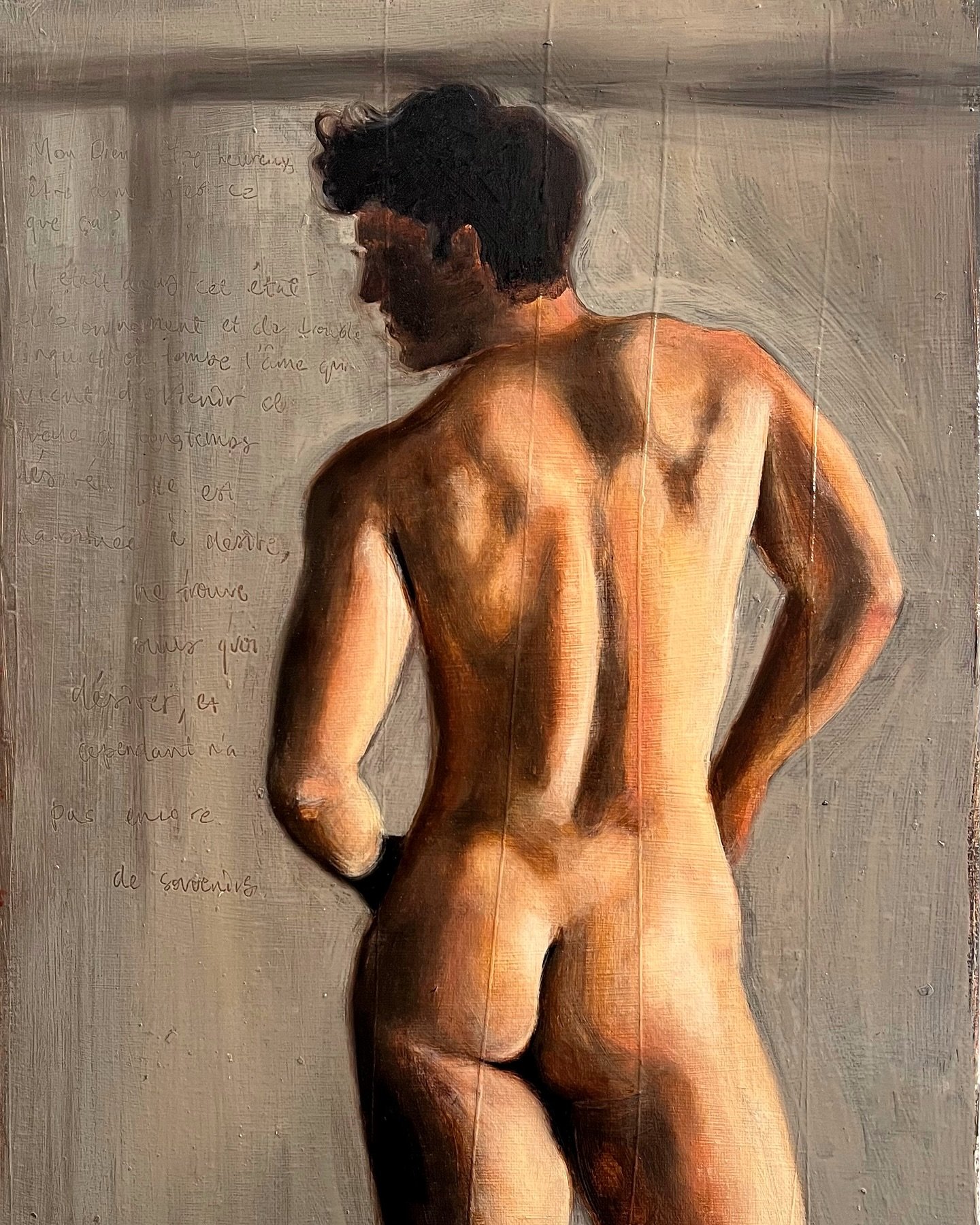 &lsquo;Čiki&rsquo;

oil on canvas, 12&rdquo; x 16,&rdquo; done from photo reference in three sessions, featuring text from &ldquo;Le Rouge et le Noir&rdquo; by Stendhal. 
practice for a larger painting i&rsquo;m working on.