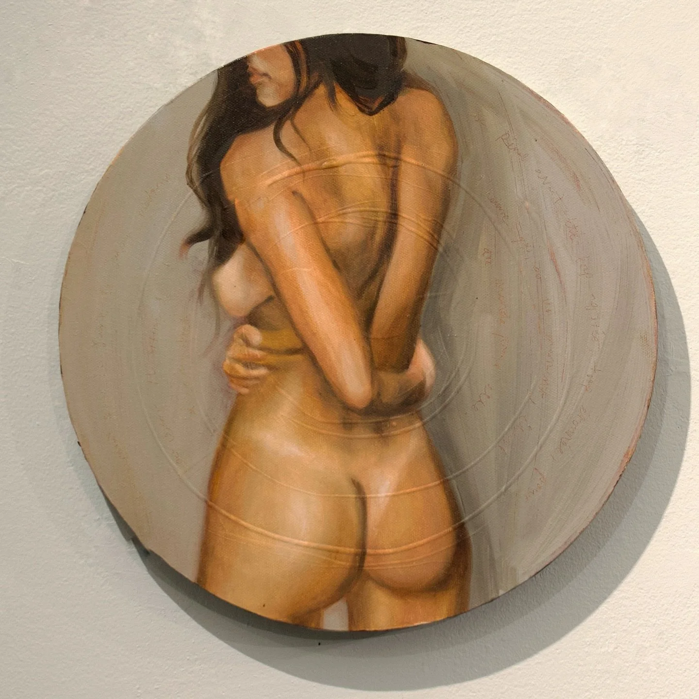 &lsquo;Tu me regardes&rsquo; 

oil on canvas, 12&rdquo; x 12&rdquo;, featuring text from Stendhal&rsquo;s &ldquo;Le Rouge et le Noir.&rdquo;