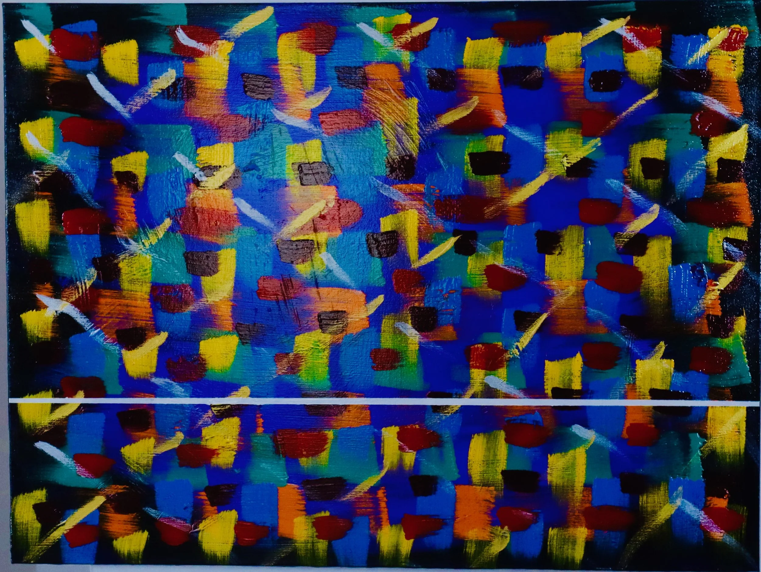 Abstract painting with blue background, black squares, yellow, red, orange, green patches, white streaks, and diagonal lines. Two horizontal white lines divide the composition.