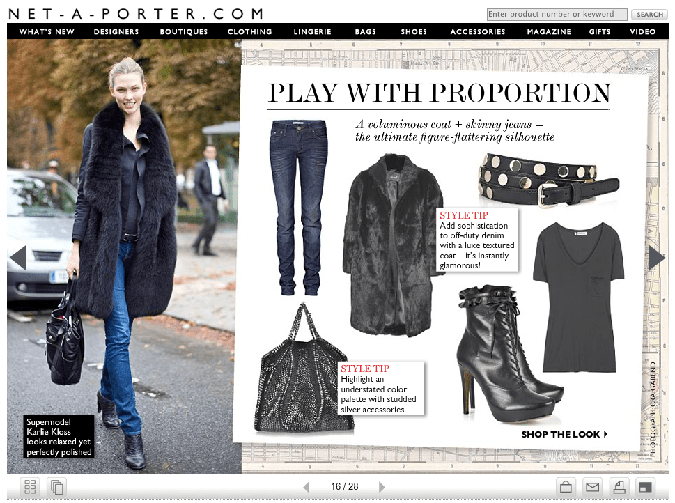 A fashion magazine layout features a woman named Karlie Kloss walking outdoors in a black coat with a fur collar, blue jeans, and ankle boots, carrying a black bag. The right side displays clothing items including skinny jeans, a faux fur coat, a bla