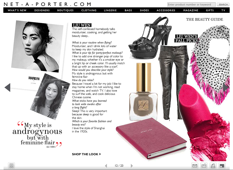 Fashion magazine page featuring interview with Liu Wen, fashion accessories, makeup, and style quotes.