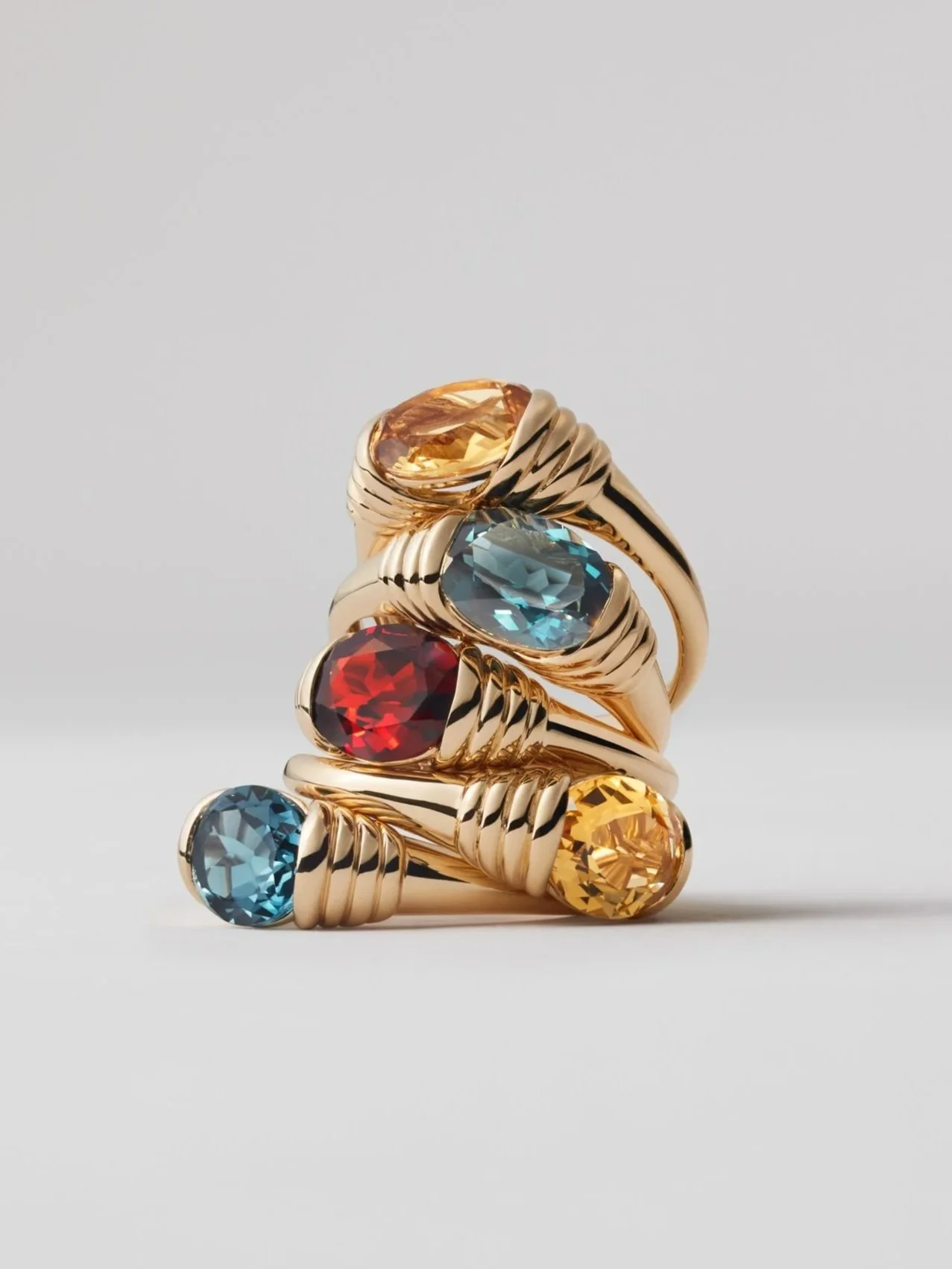 Stacked gold rings with colorful gemstone accents on a white background.