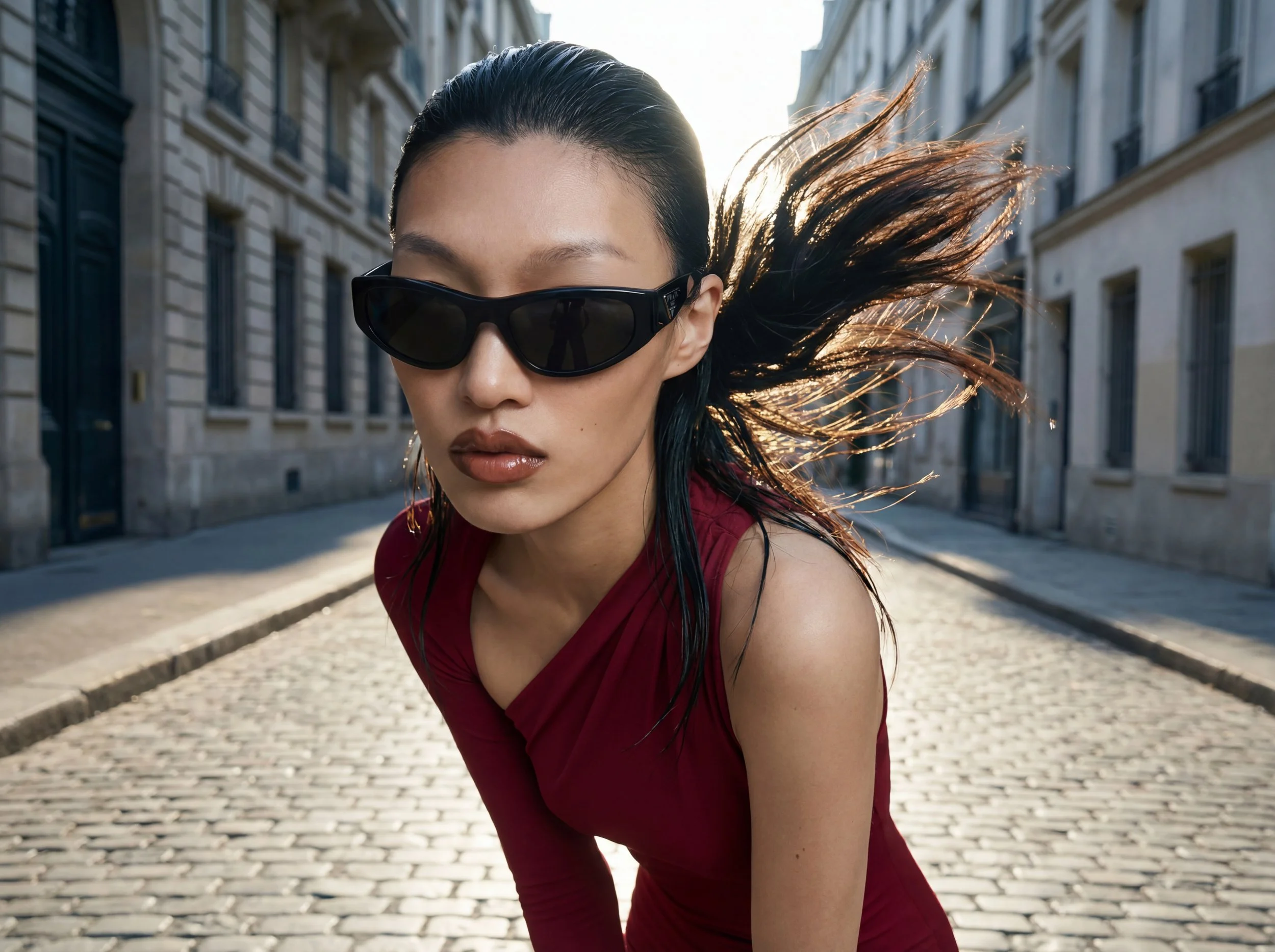 Fashionable woman with dark hair, wearing black sunglasses and a red sleeveless top, standing on a cobblestone street with historic buildings during sunset.
