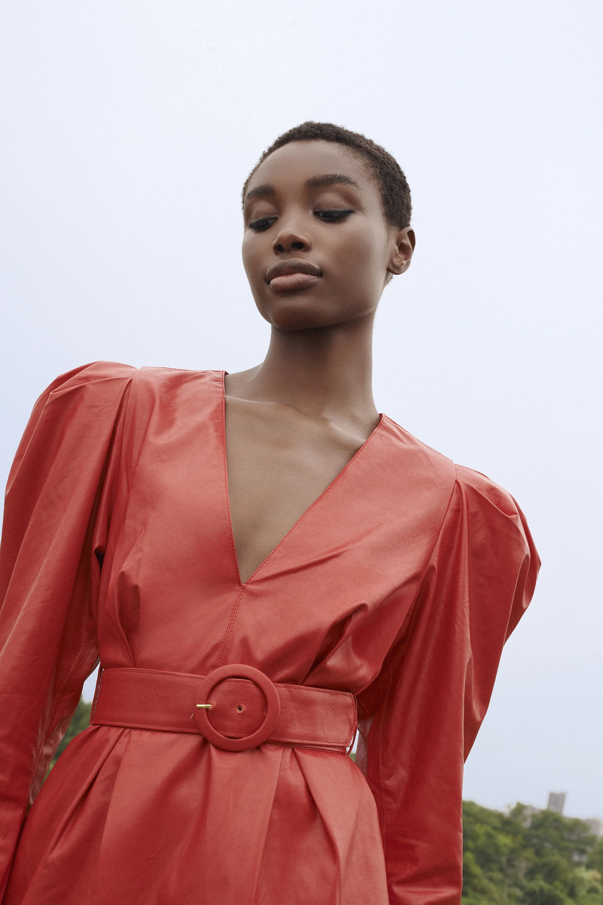 A woman in a red dress with puffed shoulders and a belt with a round buckle, standing outdoors with a cloudy sky and trees in the background.