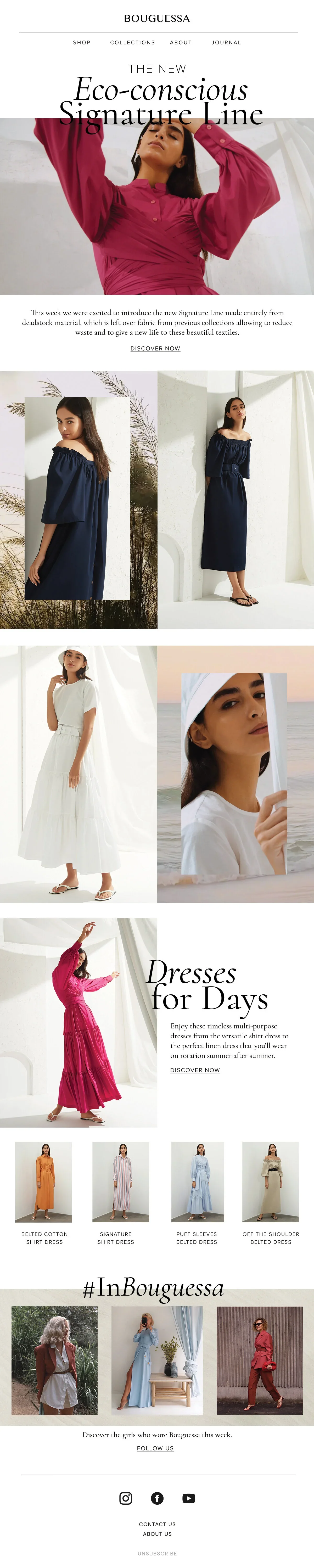 Fashion website homepage showcasing women's dresses, including a model in a pink dress, another in a blue off-shoulder dress, a white dress with a model holding a mirror, and a woman in a pink maxi dress. Contains text about eco-conscious signature l