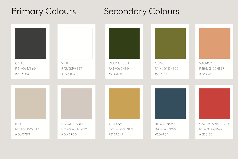 Color chart showing primary colors: coal black, white, deep green, olive, salmon, beige, beach sand, yellow, royal navy, candy apple red. Secondary colors: none.