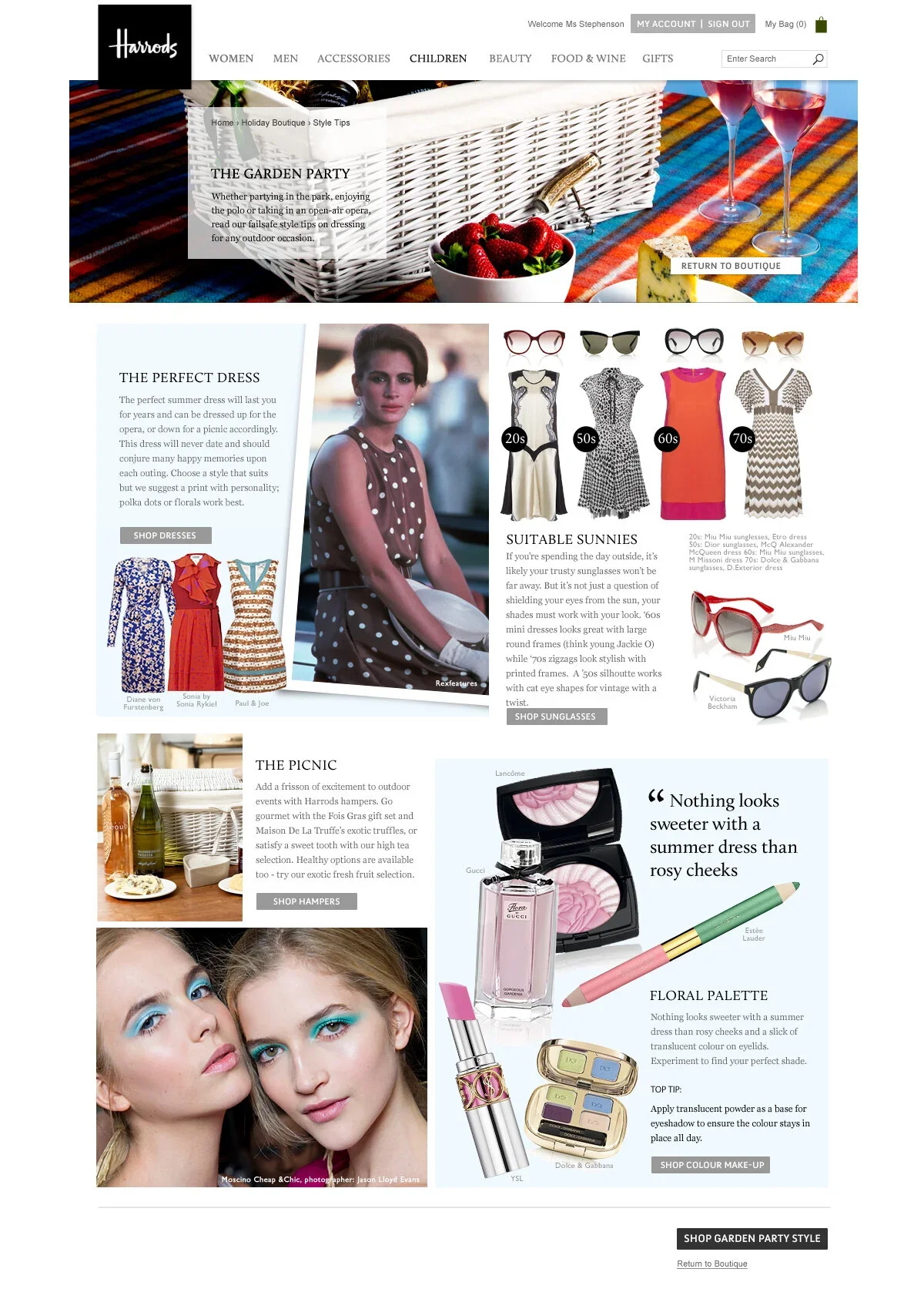 Harrods webpage featuring garden party style tips, sunglasses, summer dresses, picnic essentials, and summer makeup products.