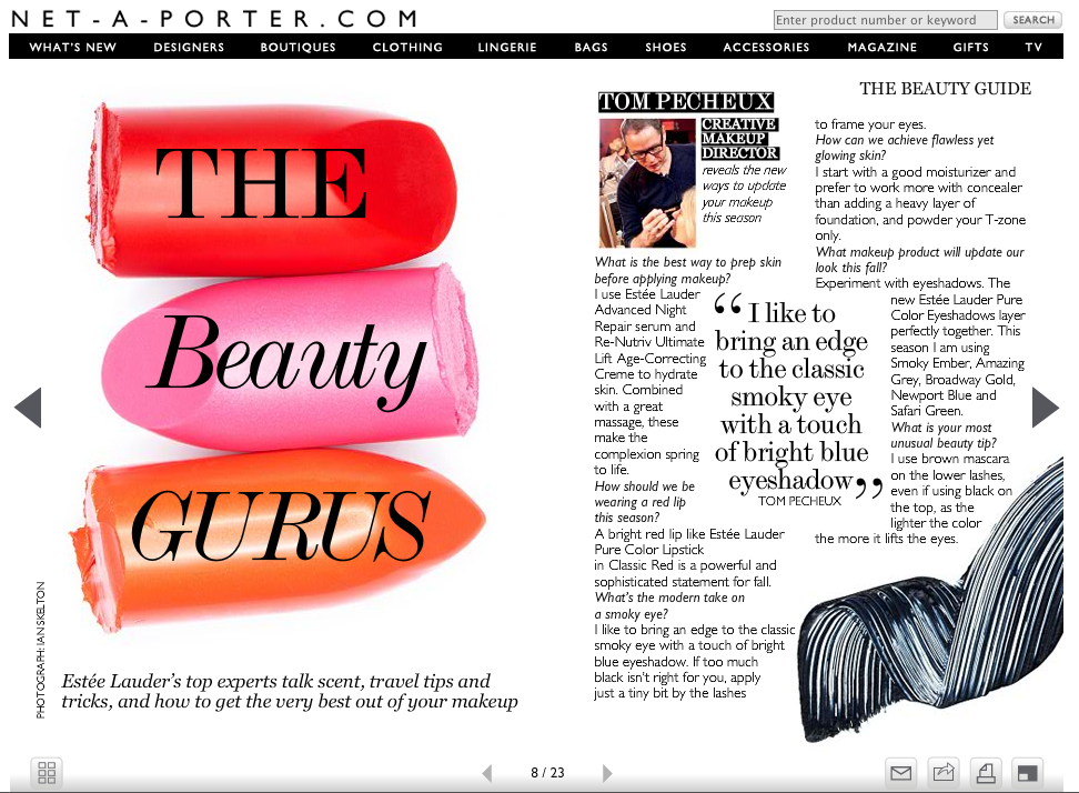 A magazine article titled 'The Beauty Gurus' with three lipstick swatches in red, pink, and orange, labeled 'THE,' 'Beauty,' and 'GURUS'. Additionally, there's a section featuring Tom Pecheux with makeup tips and a close-up of black mascara.