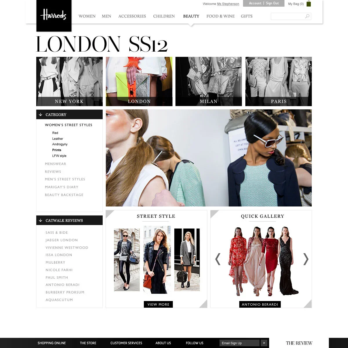Screenshot of Harrods fashion website section highlighting London SS12 collection with images of models in stylish outfits and categories for street style and fashion gallery.