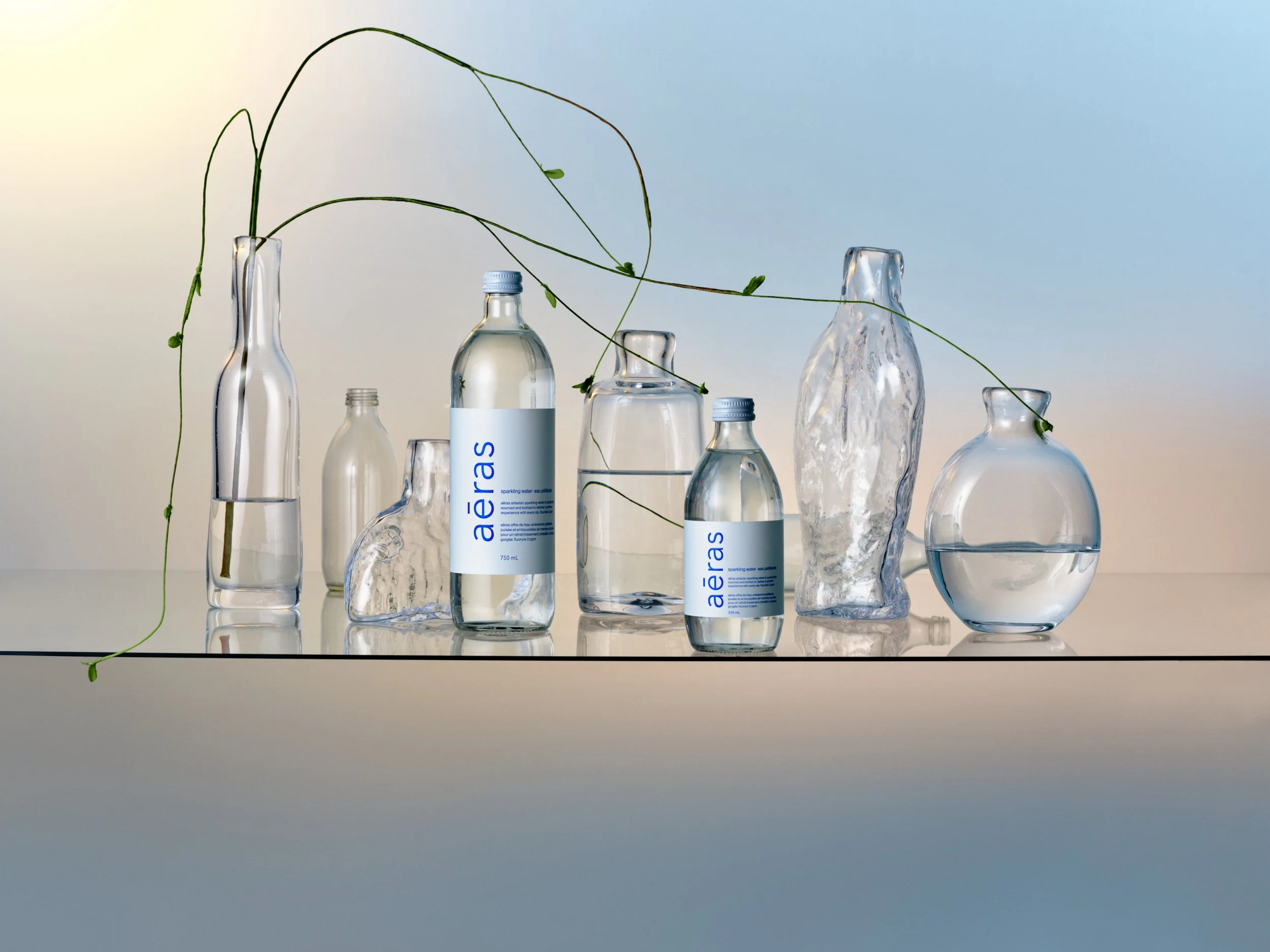 A variety of glass bottles and vases with a sprig of green plant on a reflective surface, with a soft gradient background.