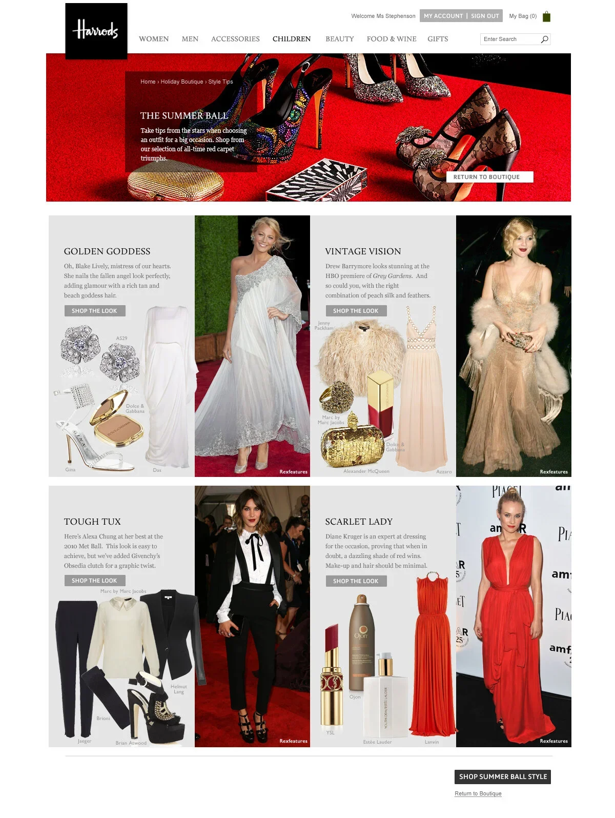 A webpage from Harrods featuring holiday boutique style tips with images of shoes, jewelry, and dresses, including models in elegant outfits.