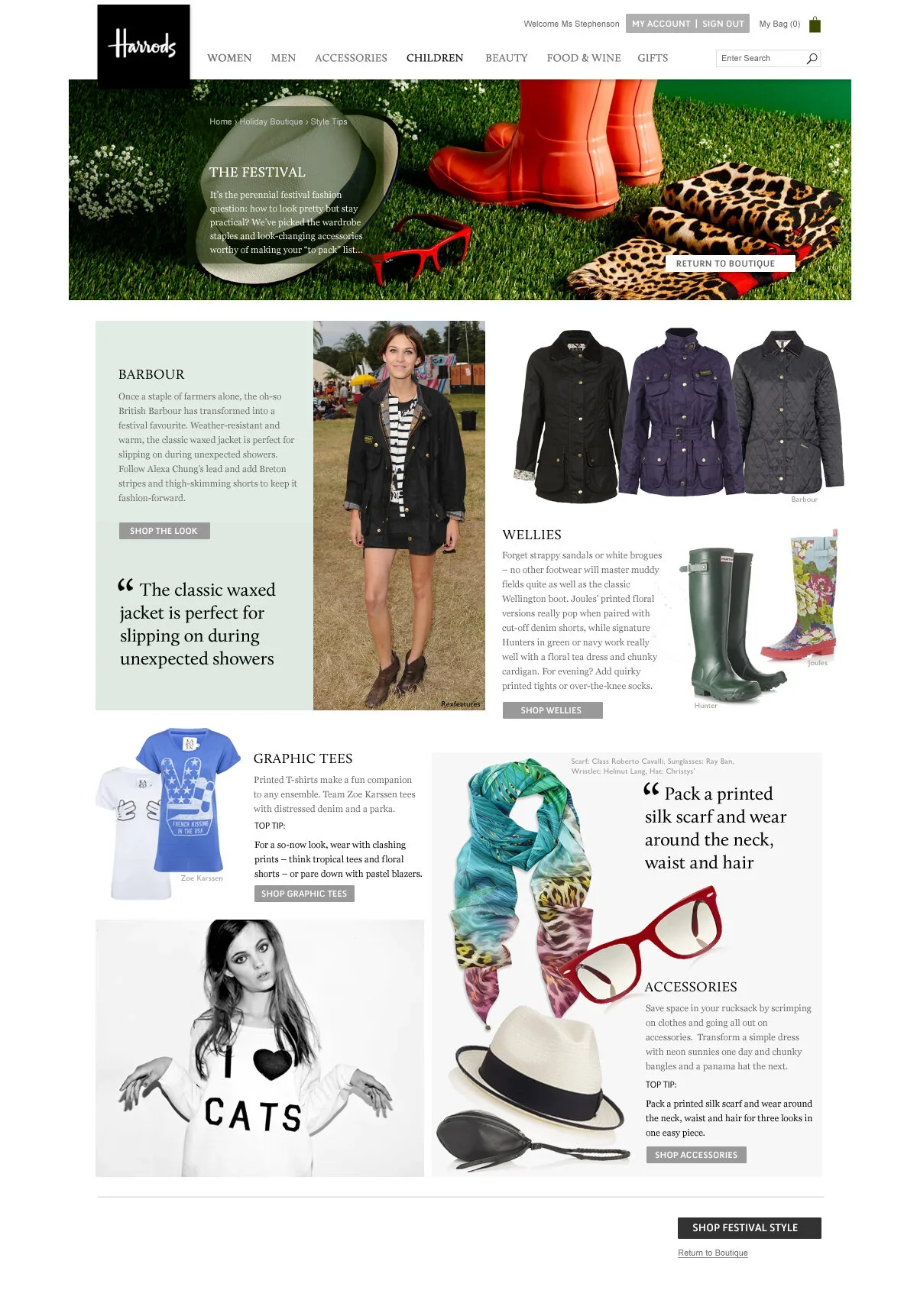 Harrods website homepage featuring a festival style fashion collection with images of jackets, wellies, graphic tees, scarves, a hat, glasses, and a cat-themed shirt.