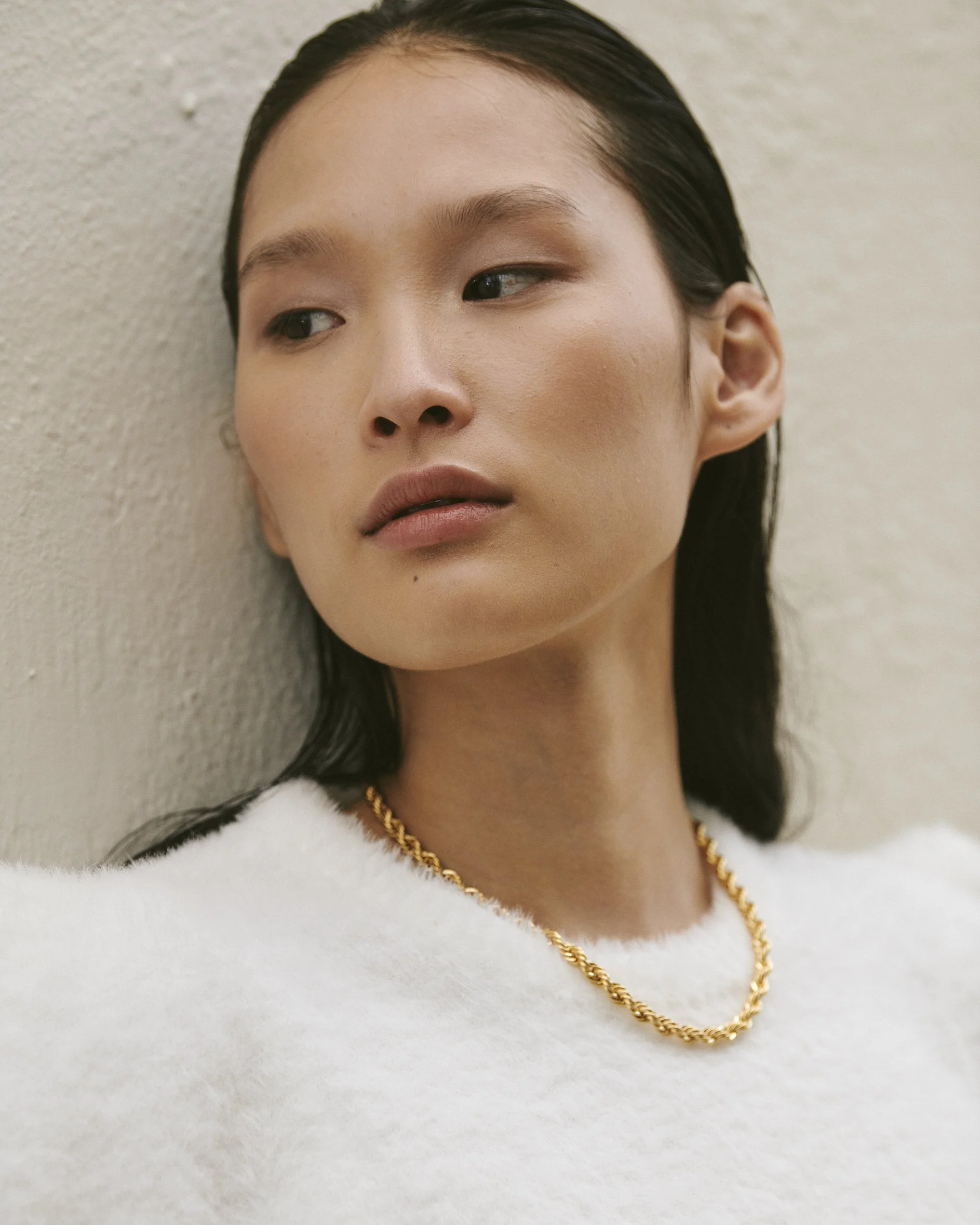 A portrait of a woman with long dark hair, wearing a white sweater and a gold chain necklace, looking off to the side against a plain textured wall