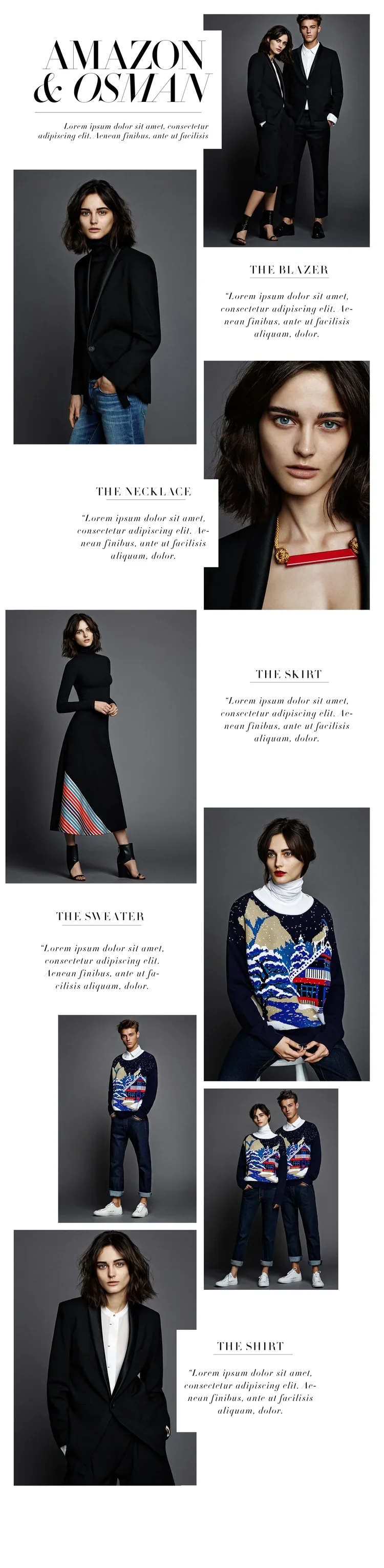 Fashion catalog featuring models in black blazers, skirts, sweaters, and shirts, with text descriptions of each clothing item and branding for Amazon & Osman.