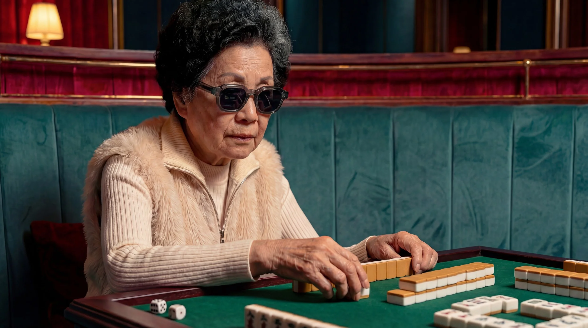 An elderly woman wearing sunglasses and a beige furry vest playing dominoes at a green table in a cozy, dimly lit room with teal and red upholstered seating.