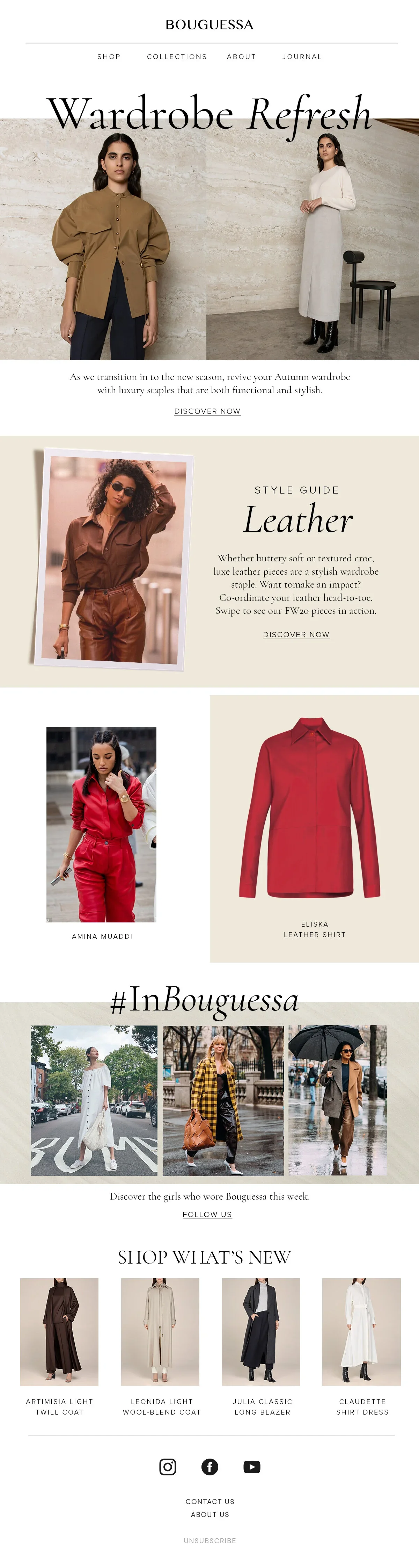 Fashion website homepage featuring clothing collections, style guides, and new arrivals, with models wearing seasonal outfits and leather pieces.
