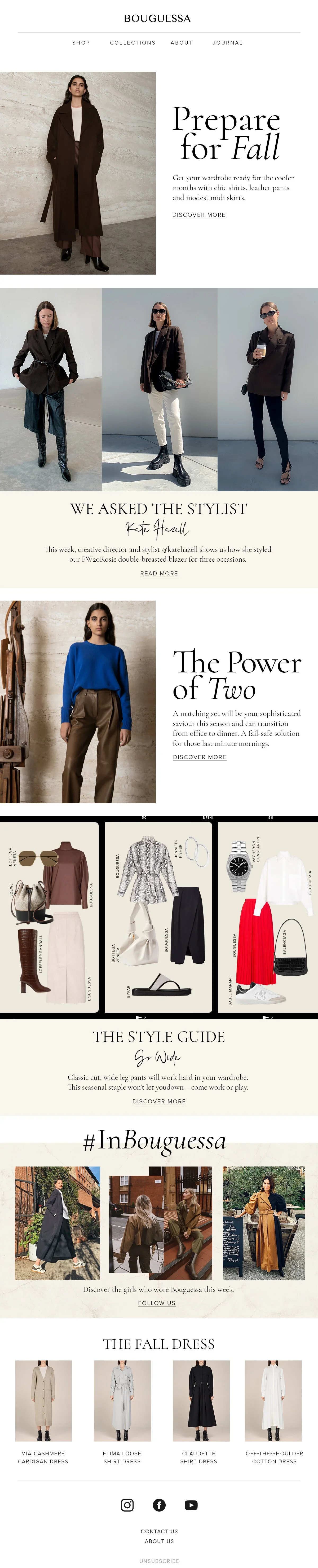 Fashion website homepage for Bouguessa featuring fall clothing collections, style advice, and a fall dress collection, with images of models in stylish outfits and accessories.