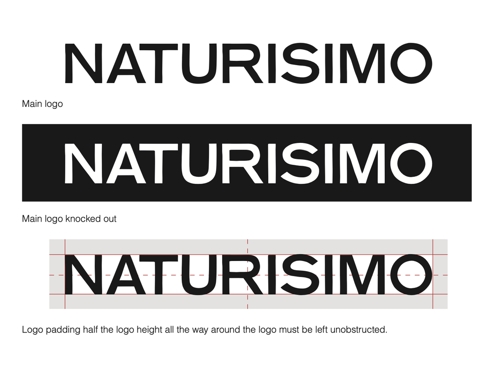 Guidelines for creating a logo for 'NATURISMO': a simple black and white design with the word 'NATURISMO' in bold, large font; a black background version of the logo; spacing and padding instructions for logo design.