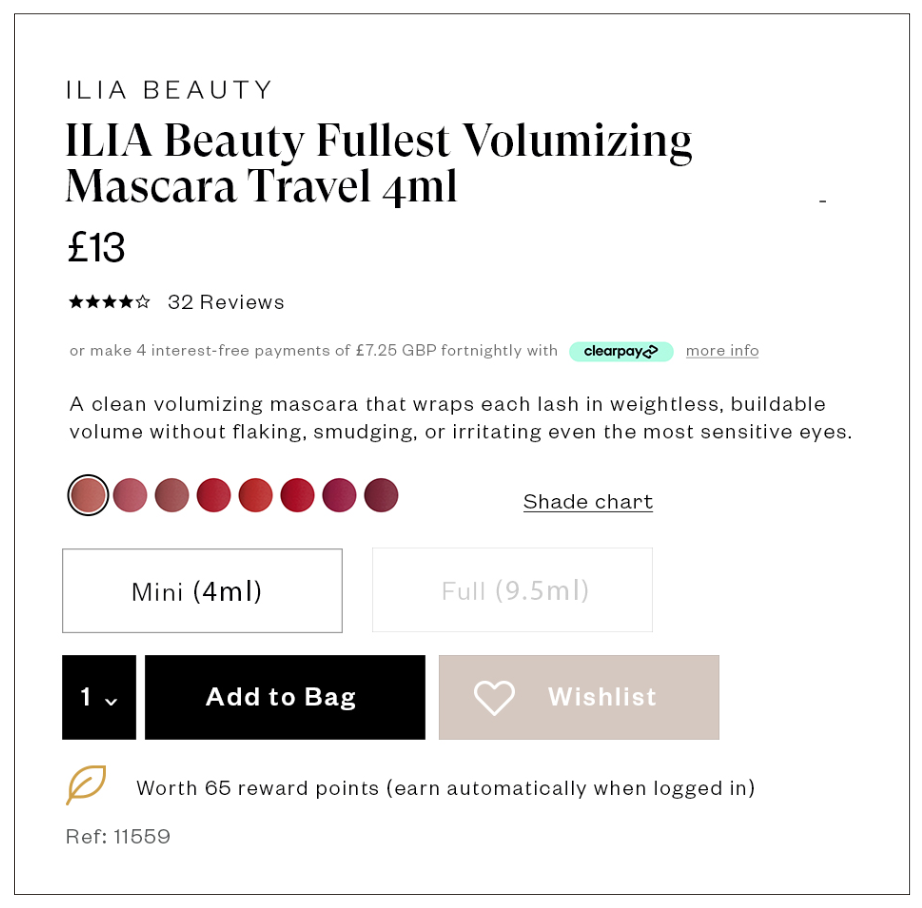Product page for ILIA Beauty Fullest Volumizing Mascara, 4ml size, priced at 13 British pounds, with a five-star rating based on 32 reviews. The product description highlights its buildable volume, weightless feel, and gentle application suitable for