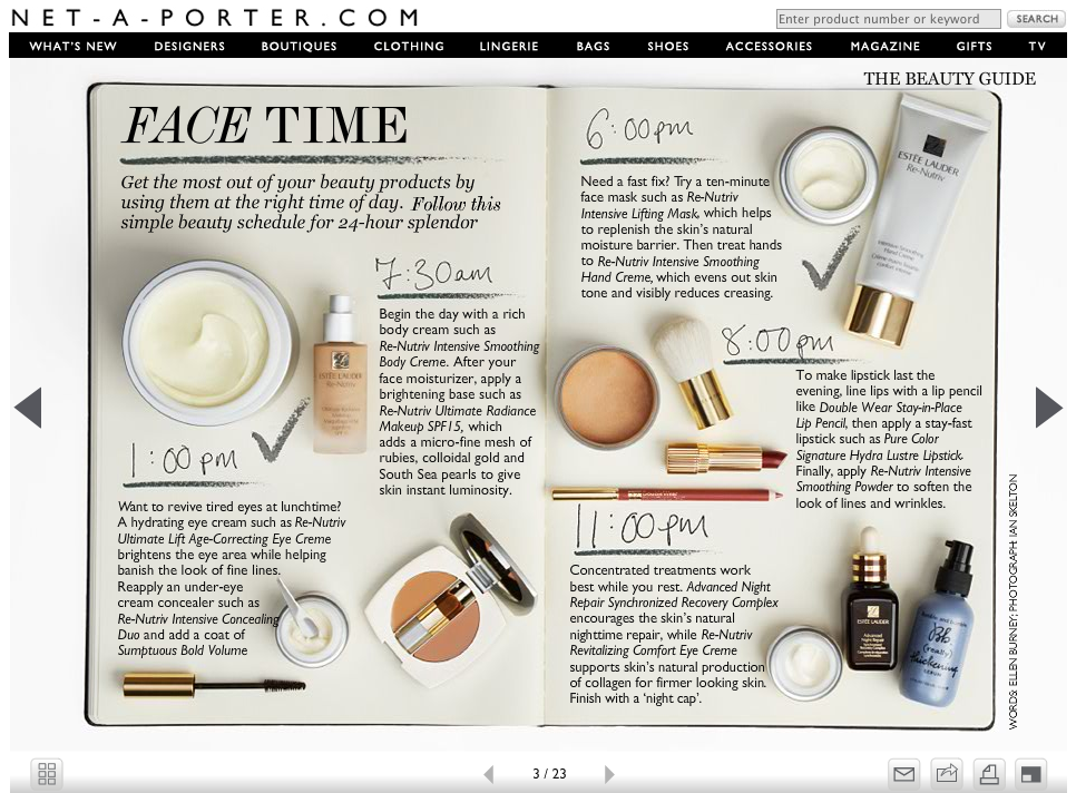 Open beauty guide book showing a skincare and makeup routine schedule with notes and images of skincare products, lipsticks, and eye makeup items, with timestamps from 7:30 am to 8:00 pm.