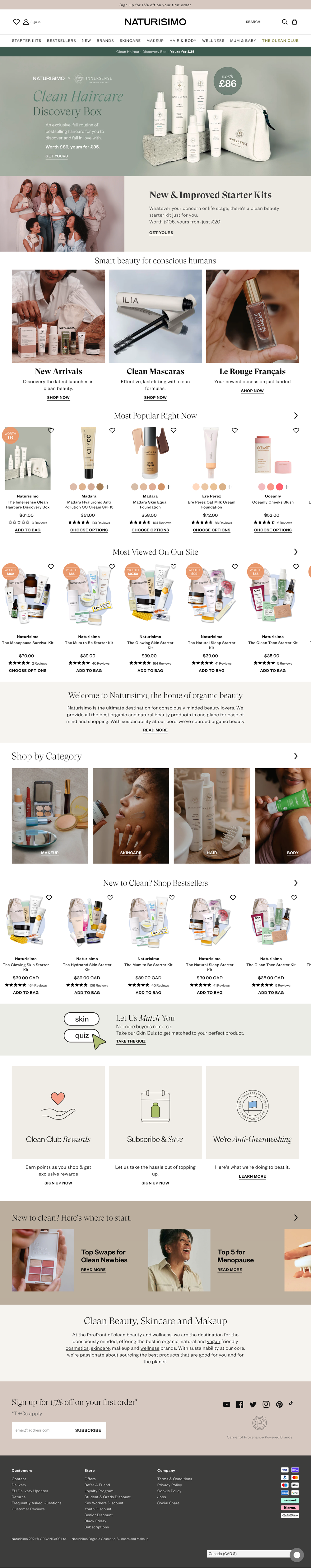 Screenshot of Naturisimo home page showcasing skincare and beauty products, starter kits, new arrivals, and makeup categories, along with promotional banners and navigation menu.