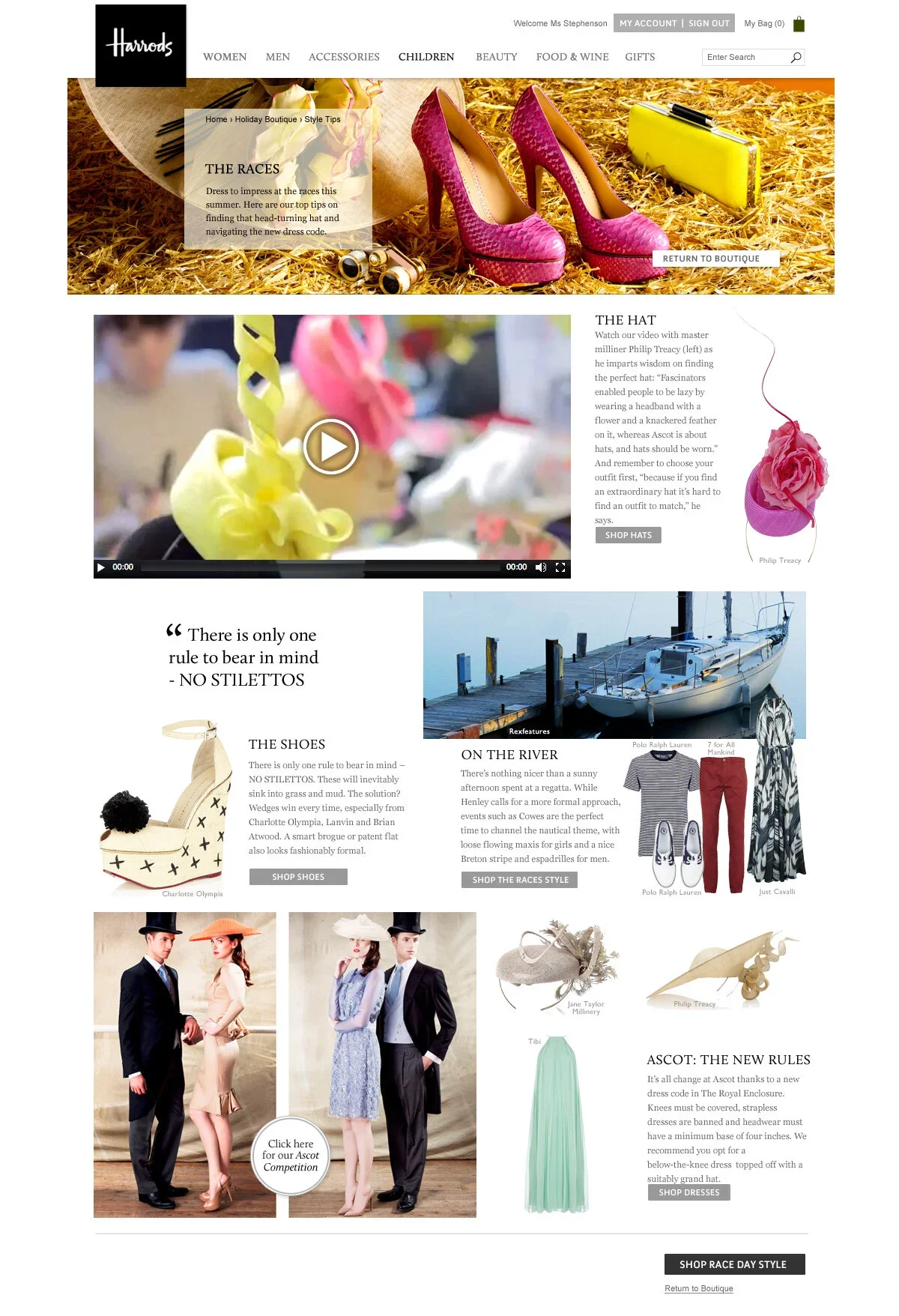 Harrods online boutique webpage featuring women's shoes, a video about hats, fashion items including dresses and shoes, and boating images.