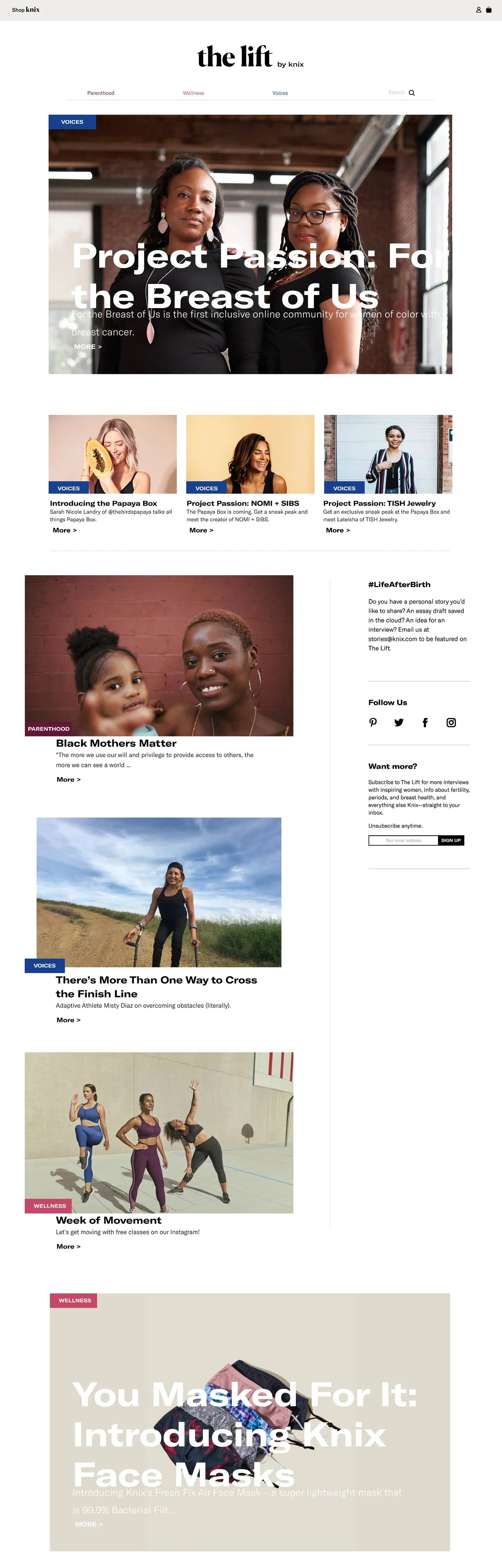 Screenshot of The Lift by knix website homepage featuring articles on breast cancer awareness, women of color, motherhood, overcoming obstacles, weekly exercise classes, and a new face mask product, with images of diverse women.