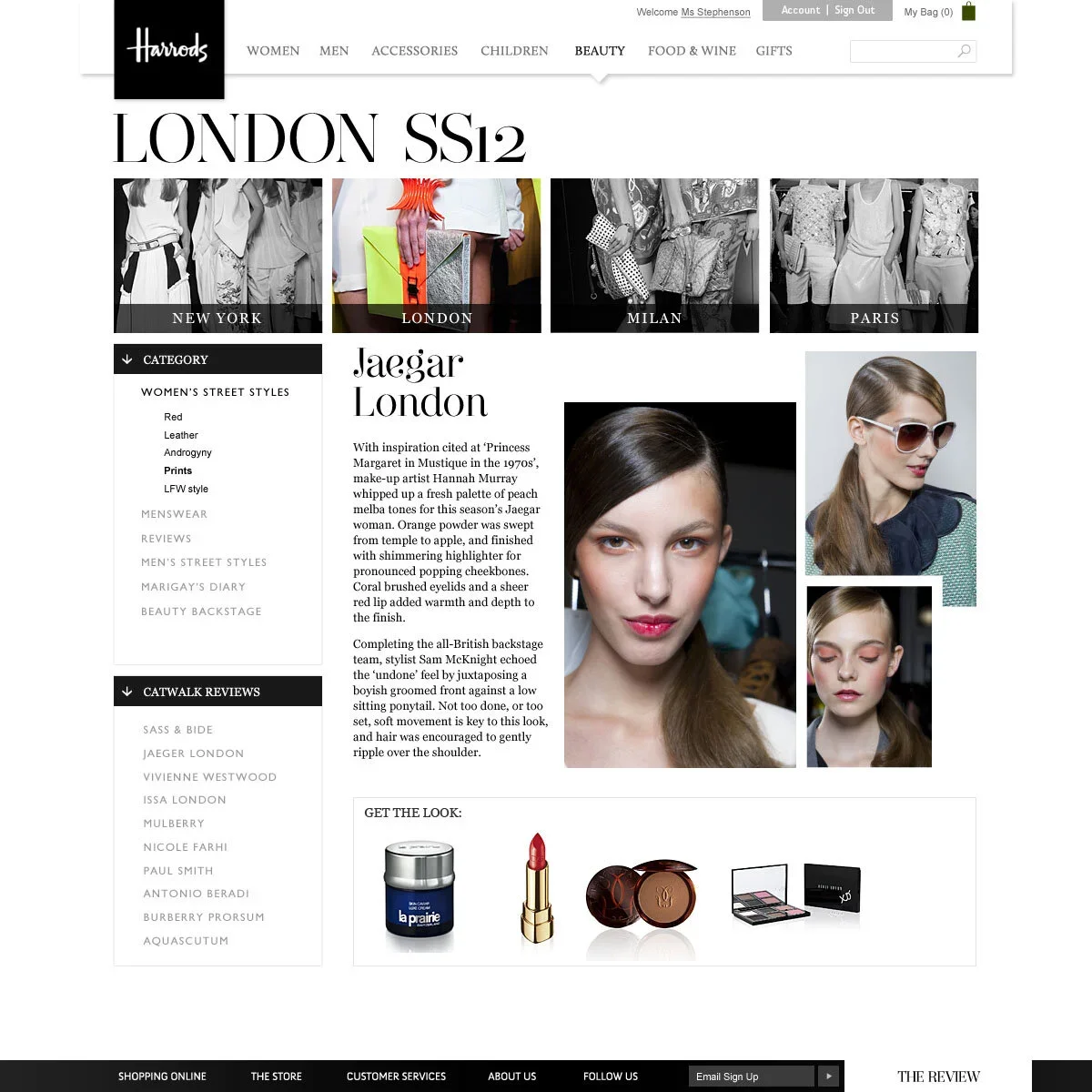 Webpage from Harrods featuring London SS12 fashion collection with images of models and makeup products.