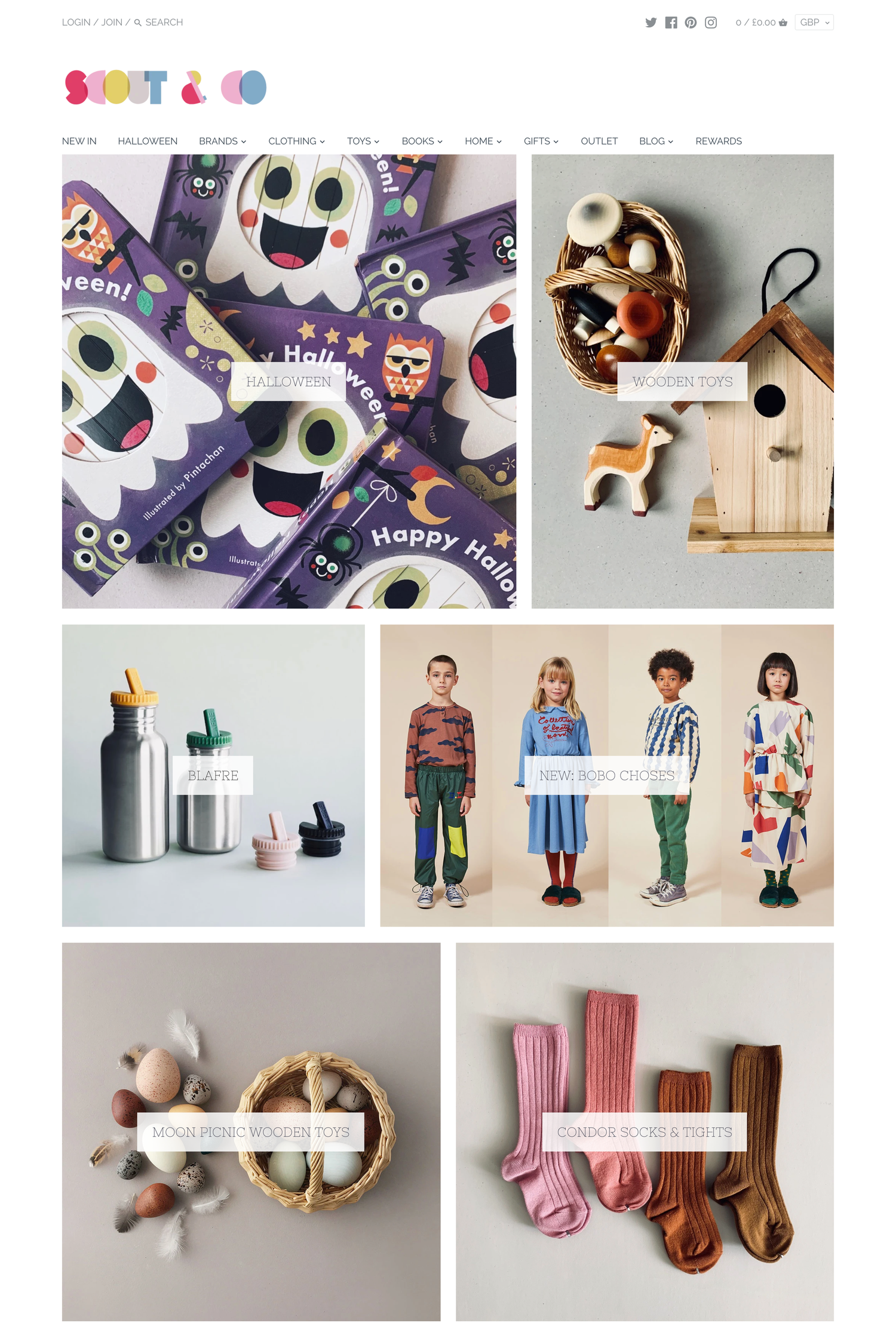 A website homepage featuring various product categories with images related to Halloween, wooden toys, bottles, children's clothing, and socks and tights.