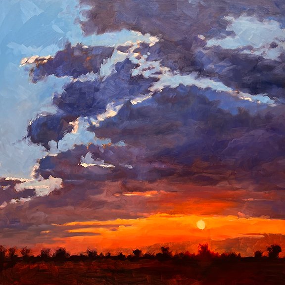 Oil painting of a sunset with dark clouds, orange and red hues near the horizon, and a few trees silhouette at the bottom.