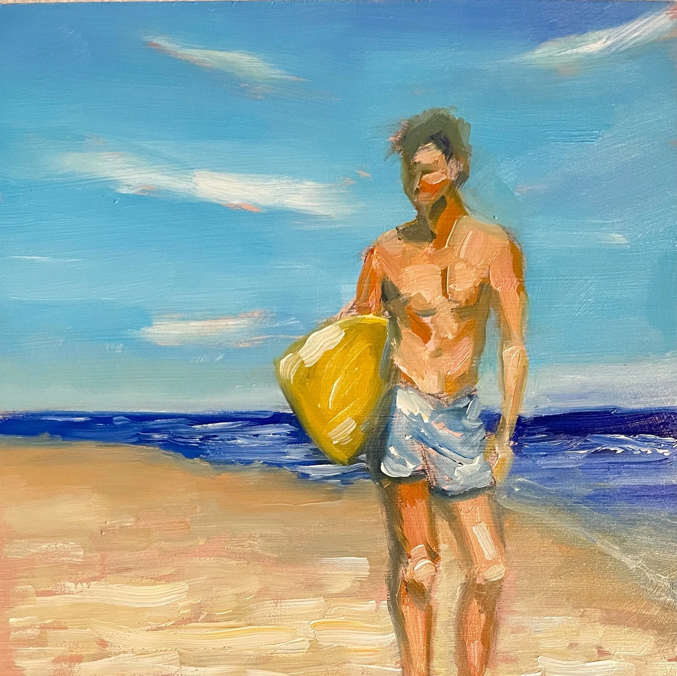 An impressionist style painting of a shirtless man with dark hair holding a yellow surfboard, walking on a sandy beach with blue sky and ocean in the background.