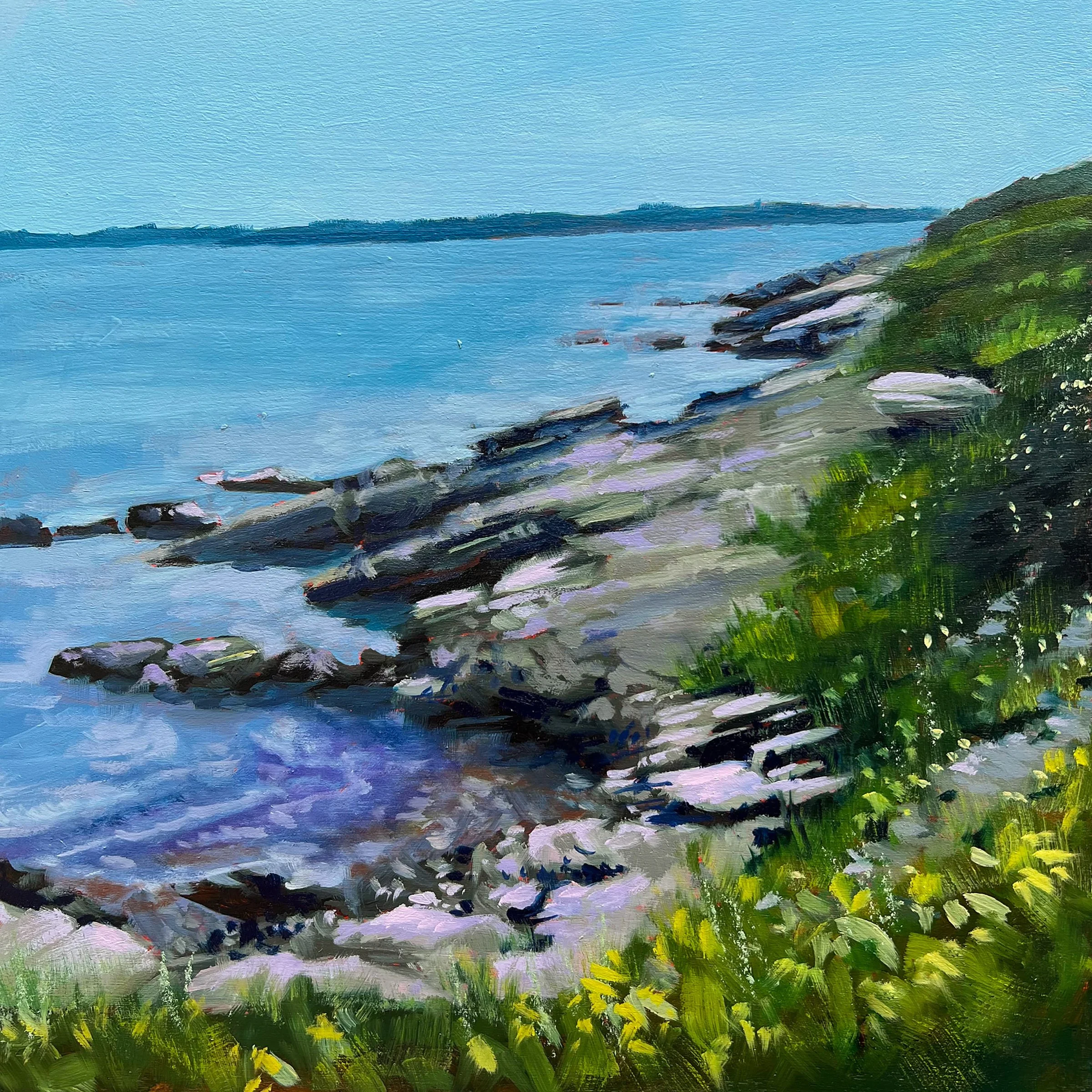 A painting of a rocky shoreline with clear blue water, green vegetation, and a distant horizon under a light blue sky.