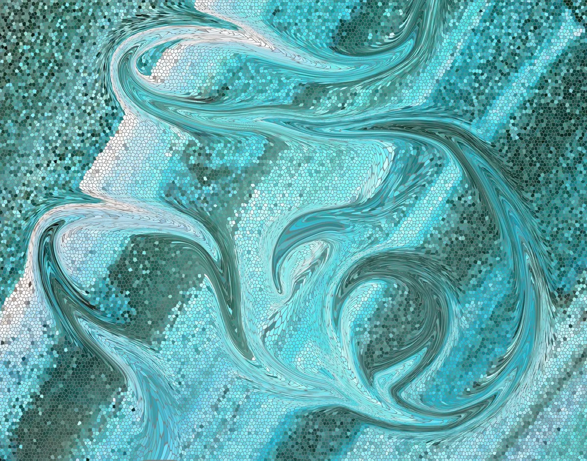 Abstract swirling mosaic pattern in shades of blue, cyan, and gray.