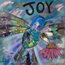 Colorful painting of a hummingbird with butterfly wings and a pink flower, with the word JOY written at the top.