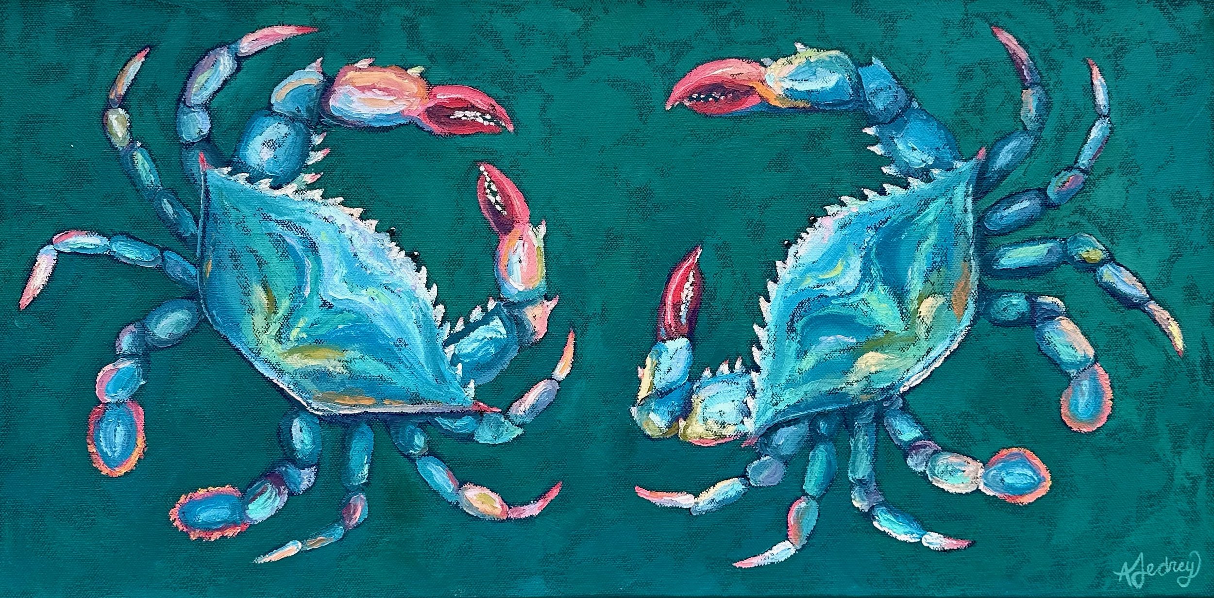 A colorful painting of two blue crabs facing each other against a dark teal background.