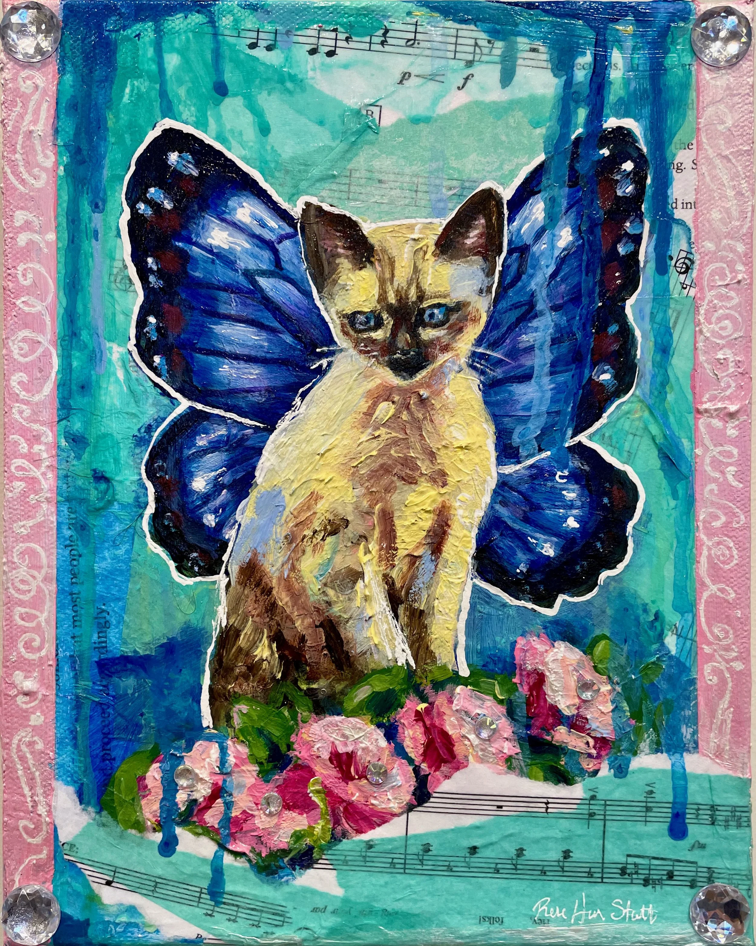 Mixed media artwork featuring a cat with butterfly wings, surrounded by pink flowers, musical notes, and vibrant colors.