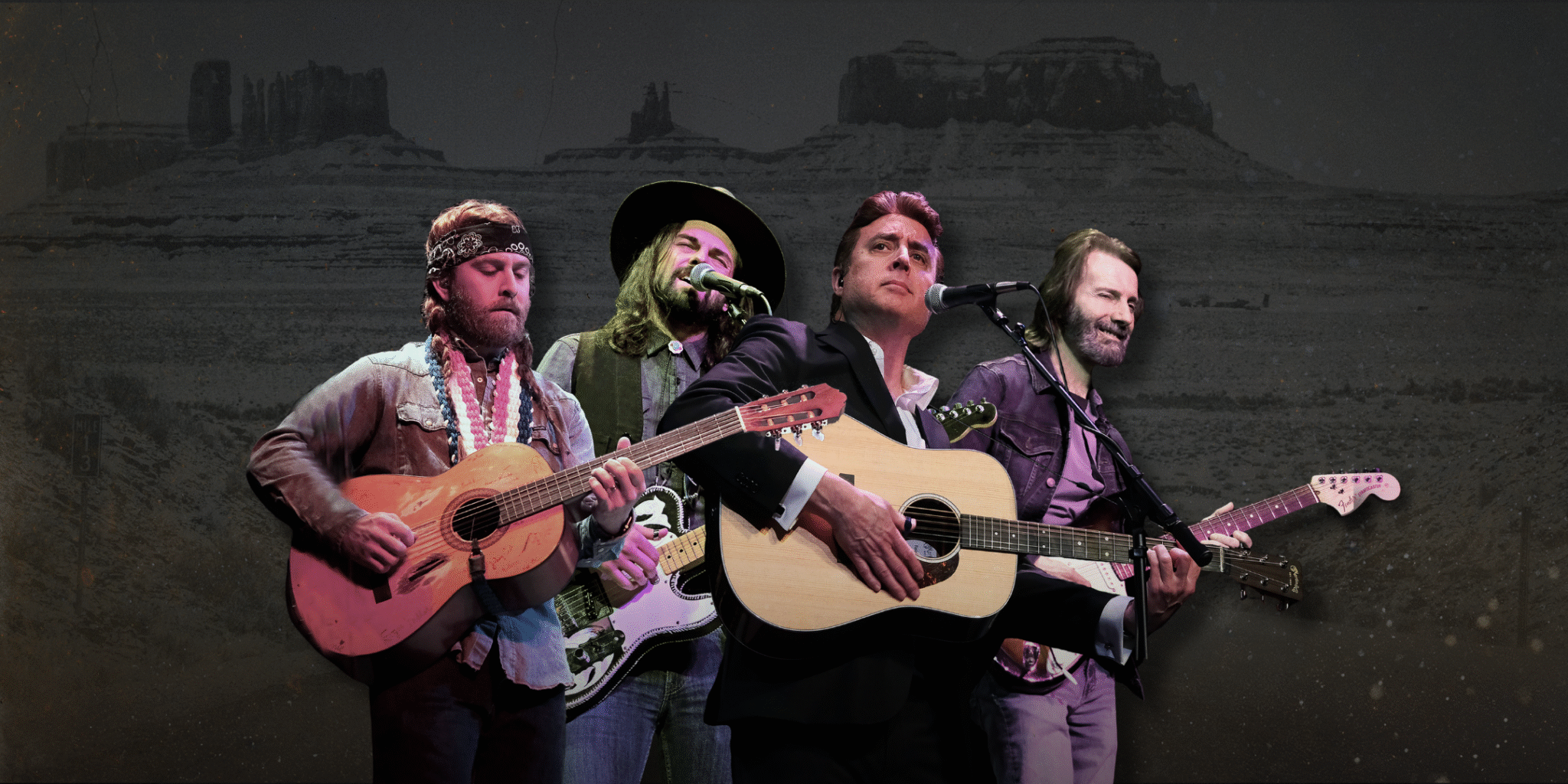 four outlaw country musicians with guitars